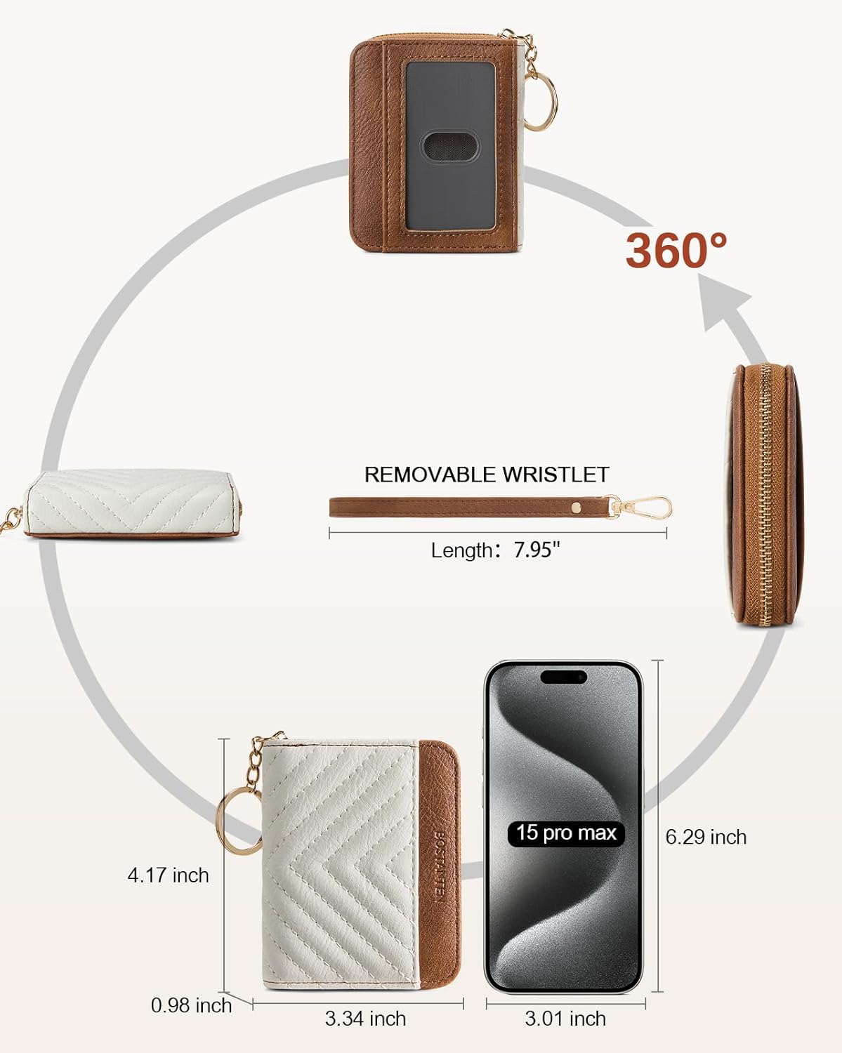 BOSTANTEN Credit Card Holder Wallet RFID Blocking Leather Small Wallet for Women Zipper Keychain Wallet with Wristlet Beige＆Brown