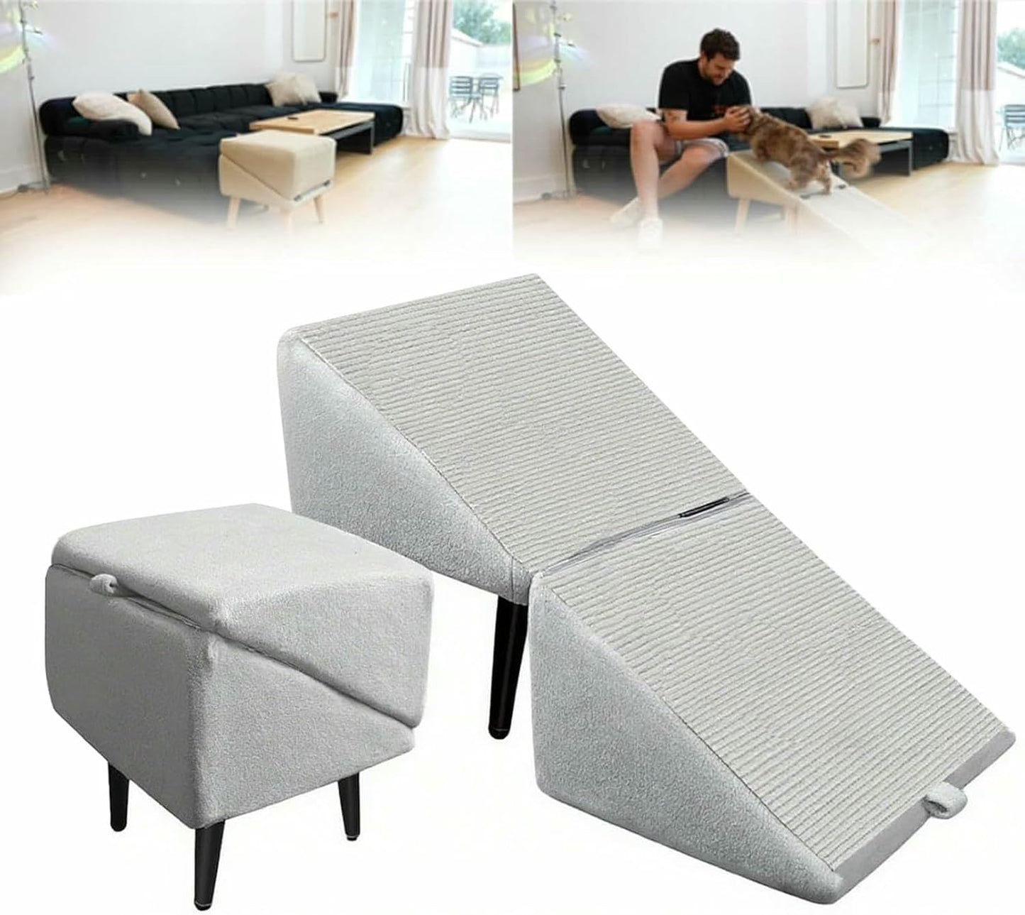 Split Ottoman Dog Ramp Folding Dog Stairs,2 in 1 Sofa Dogs Ramp and Ottoman for Couch Bed Stairs,All-in-One Lightweight Foldable Pet Ramp Large and Small Dogs Cat