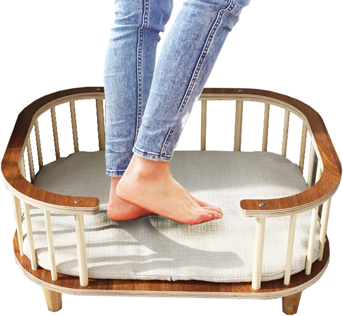 Pet Bed Retro Small Cats with Mattress, Portable Orthopedic Joint Relief Wood Frame Couch, Easy Assemble, for Pets Within 30 Kg / 66 Lbs
