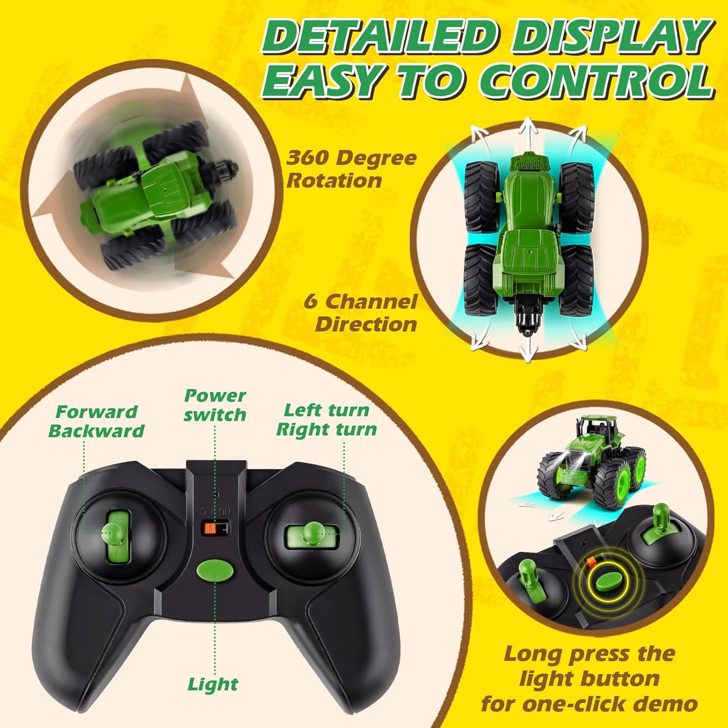 Remote Control Tractor Toys, Light Up Farm Monster Trucks Toy for Boys 3, 4, 5, 6, 7 Year Old, 2.4 Ghz RC Tractor Toys, Ideal Christmas, Birthday Gifts for Kids