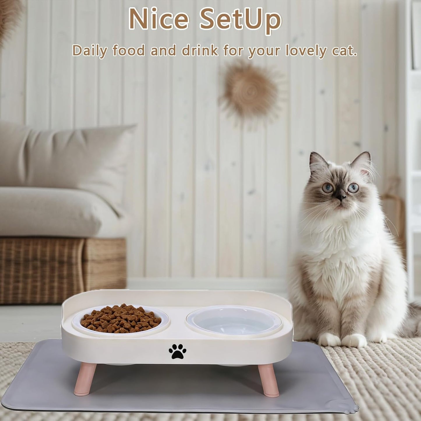 Cat Bowls Elevated,Cat Food and Water Bowl Set,Pet Feeding Raised Stand for Cats Dish Indoor Small Feeder Proof Double Dishes Kitten Station Gatos Dining Spill Holder Kitty Table Ceramic Feed Bowl