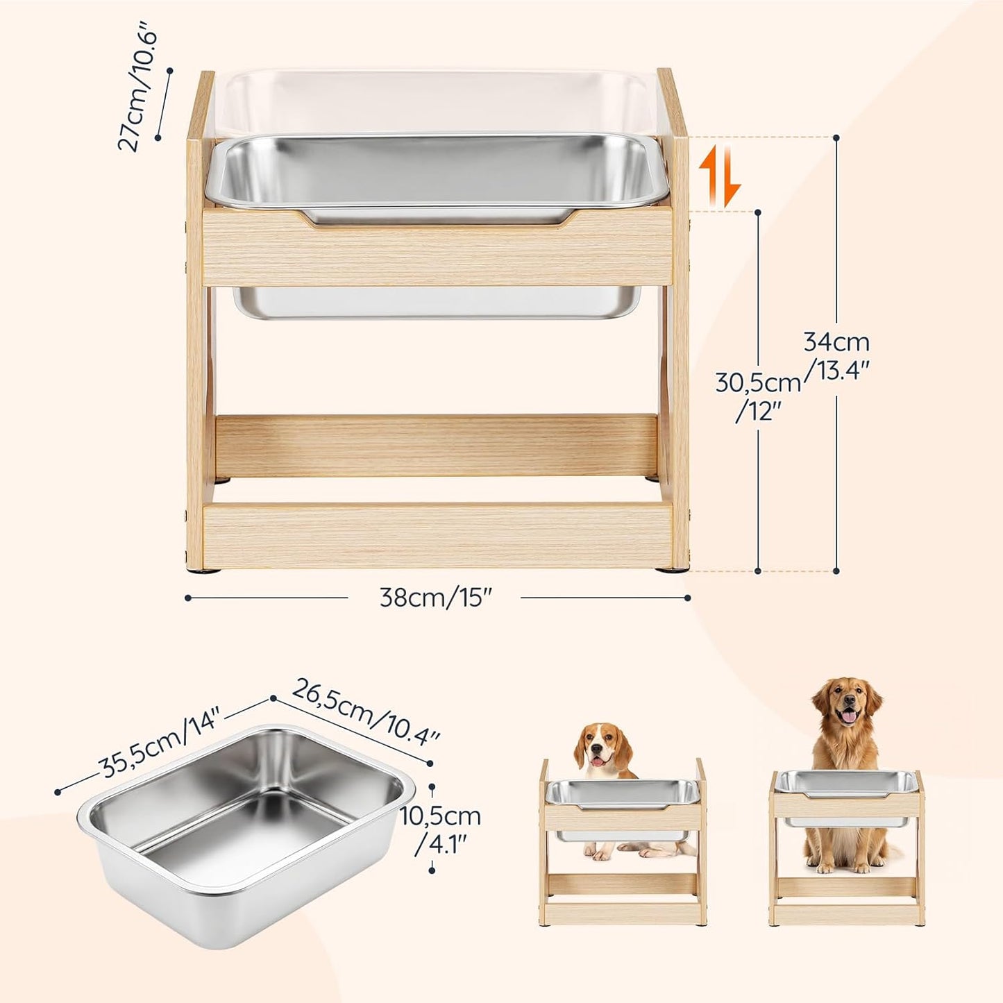 HOOBRO Elevated Dog Bowls with Stainless Steel Bowl, Raised Dog Bowl Stand for Medium, Large Breed Dogs, Heights Adjustable Water Bowl Stand, Wooden Dog Feeding Station, Non-Slip, Natural NL02PO03
