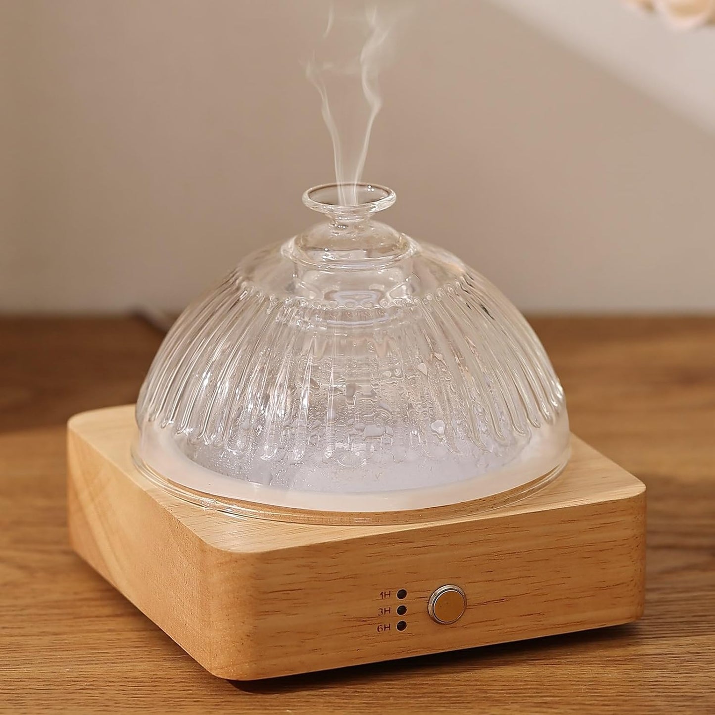 Glass Essential Oil Diffuser with Glass Reservoir & WoodBase, 200ml Ultrasonic Lock Color Timer Auto-Off 7 Color Light Aroma Glass Dome Diffuser for Home Office Bedroom Yoga