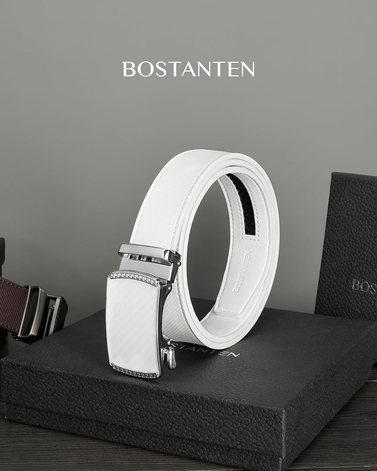 BOSTANTEN Men's Belt, Ratchet Belts for Men Leather Dress Casual with Adjustable Buckle, Cut for Fit