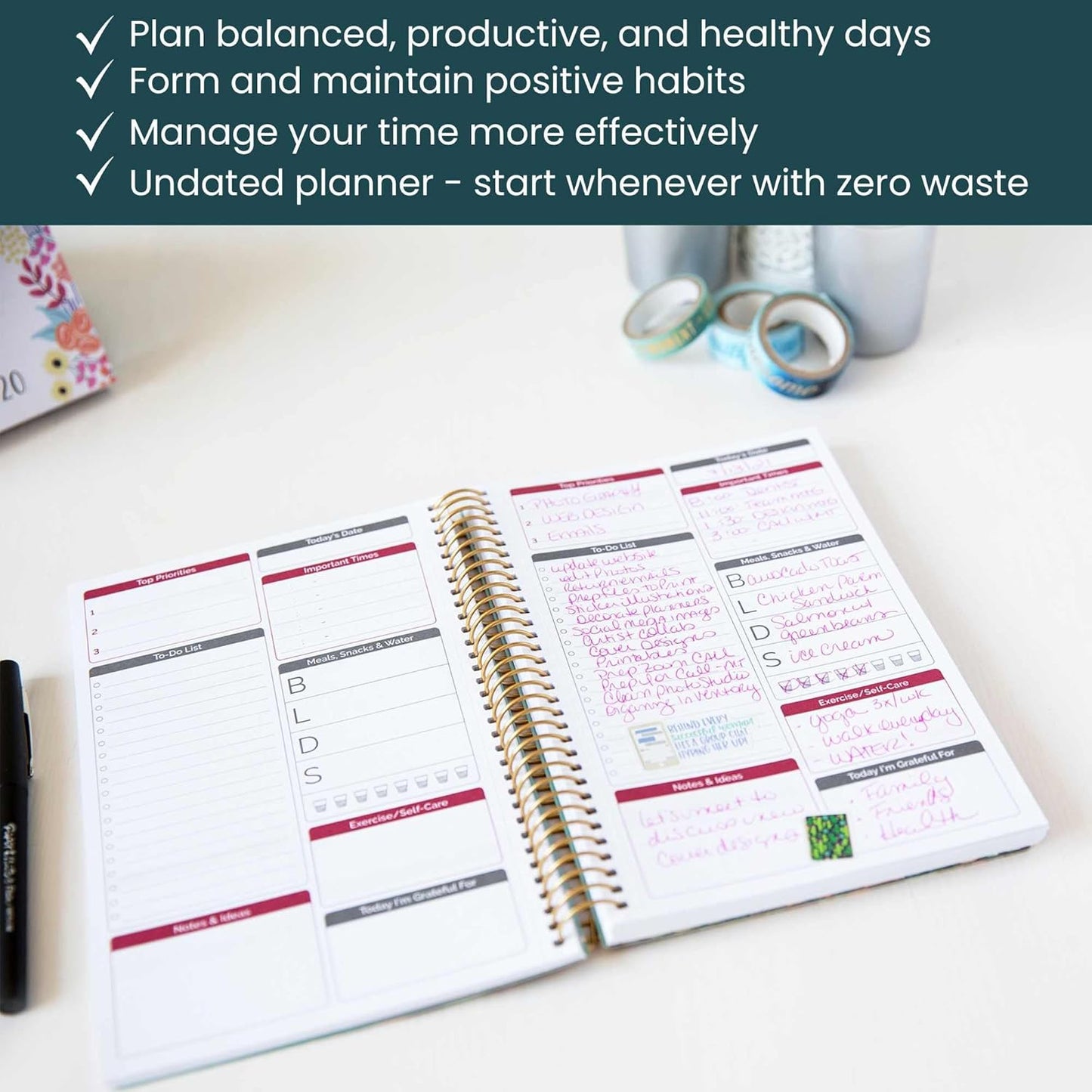 bloom daily planners Bound To Do List Notebook - Undated Daily Planner with 186 pages for Daily Tasks & Appointments- Spiral To Do List Notepad Book for Office, Home, School - Floral Dots V2