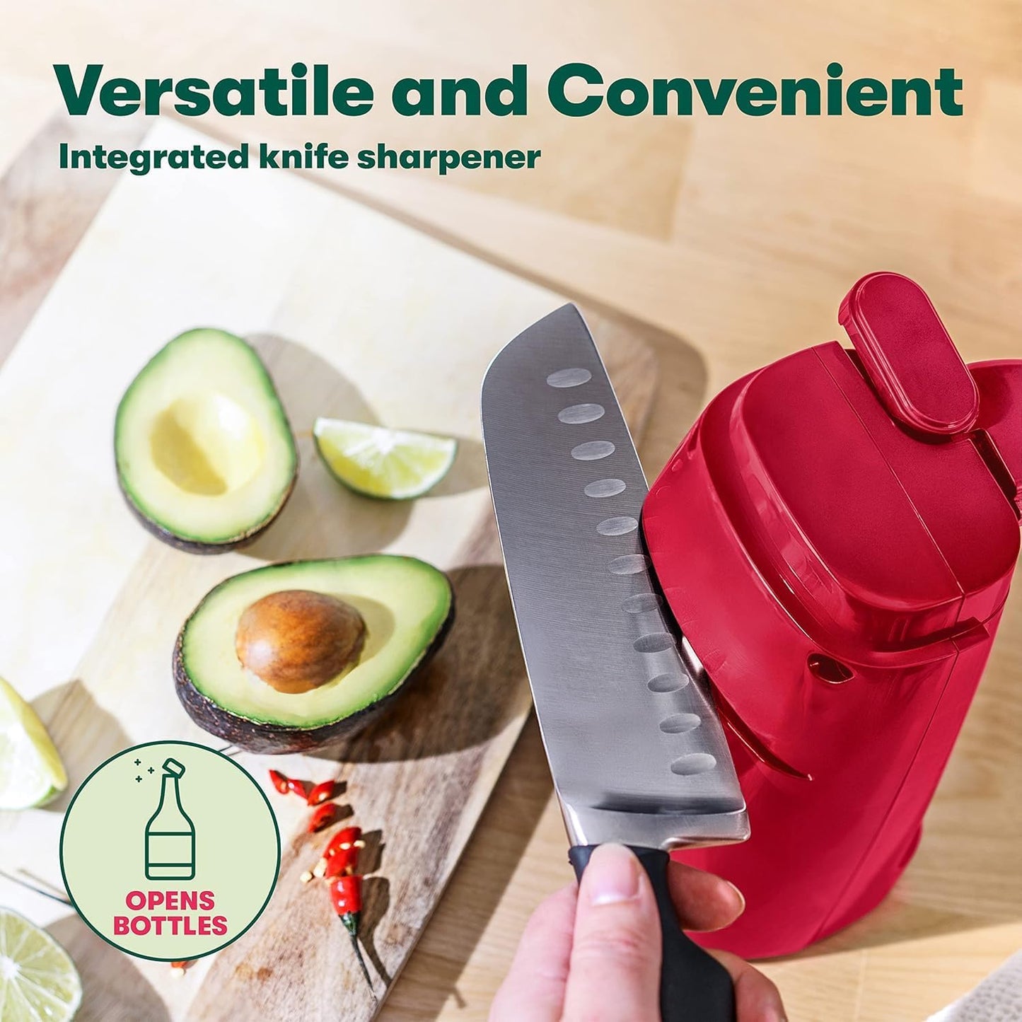 bella Electric Can Opener and Knife Sharpener, Removable Cutting Lever, Cord Storage, Stainless Steel Blade, Red