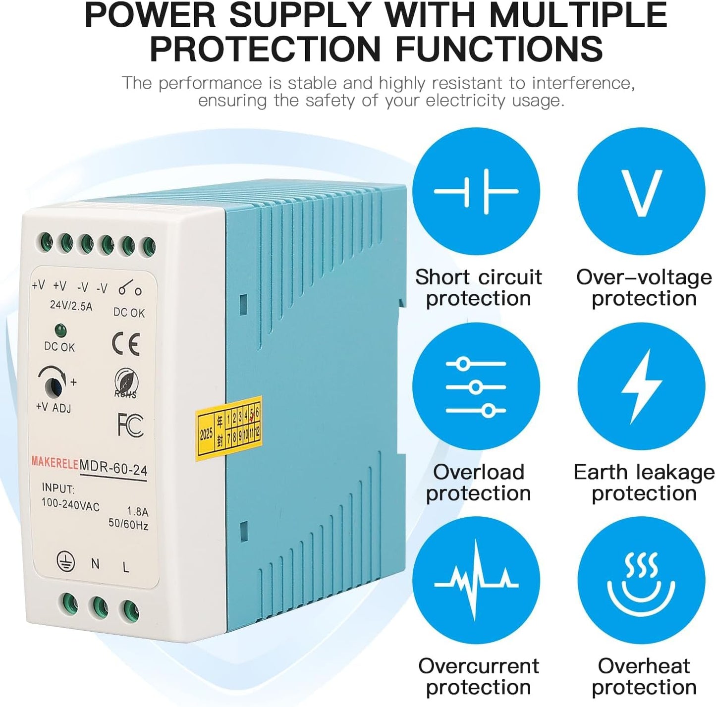 MAKERELE MDR 24V AC to DC DIN Rail Power Supply 60W, Industrial Rail Power Supplies AC 100V-240V to DC 24V Switch Converter