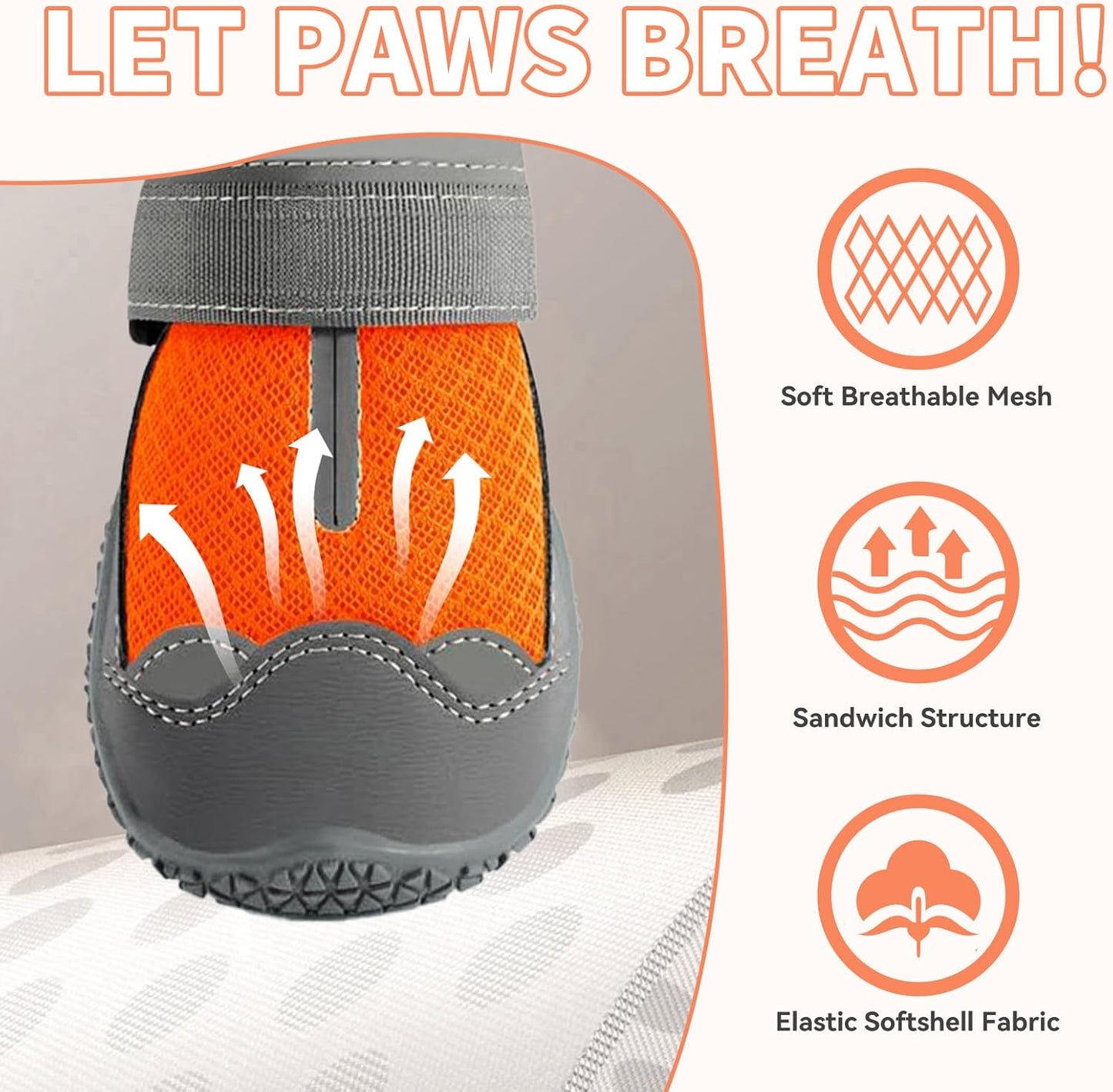 Dog Booties,Waterproof Dog Shoes for Large Medium Small Dogs,Suitable for Summer Hot Pavement,Adjustable Non-Slip Rubber Paw Protector (Orange, #8 (Width 3.0 inch) for 74-91 lbs)