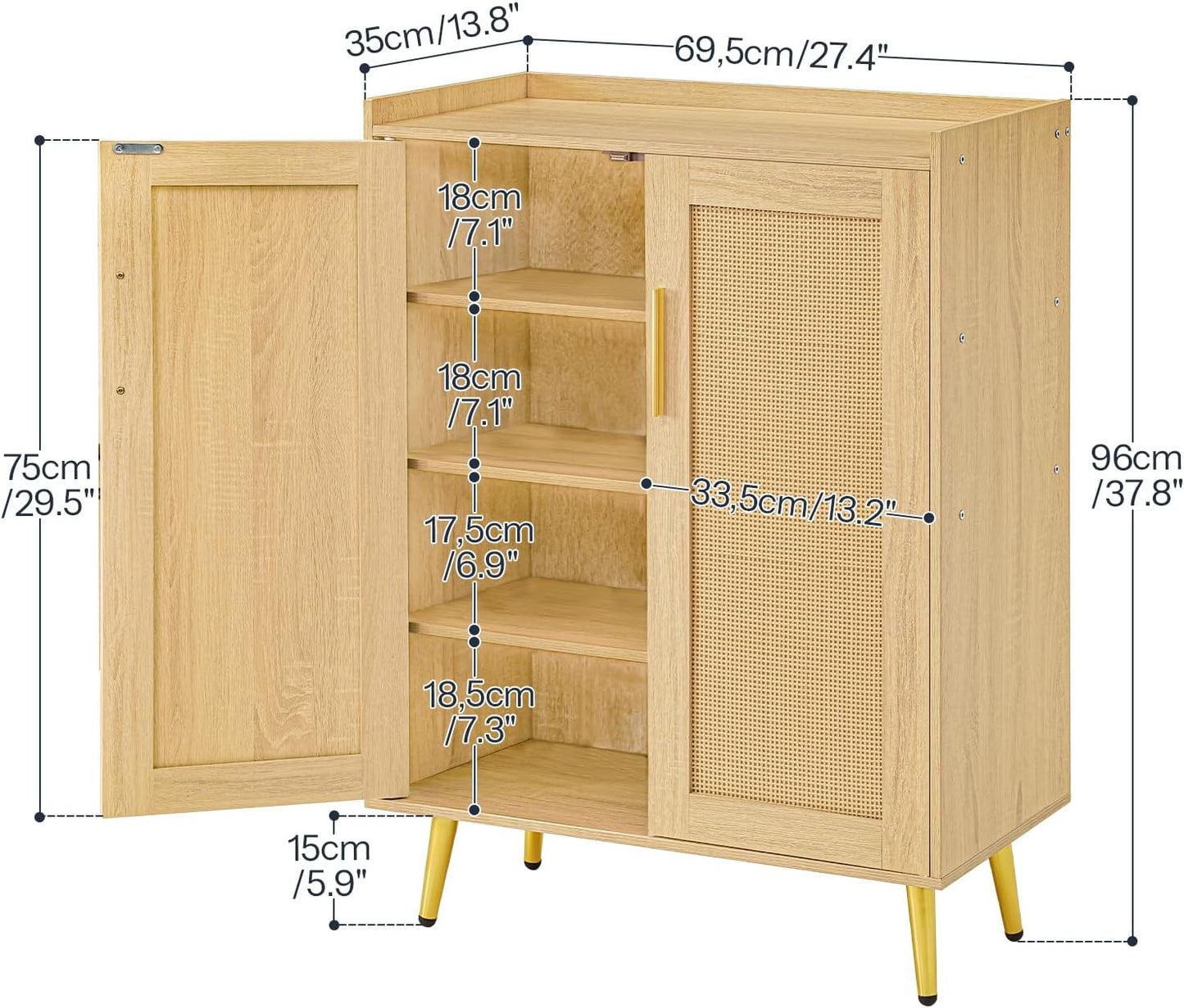 HOOBRO Shoe Cabinet, 5-Tier Shoe Storage Cabinet, Rattan Shoe Cabinet with Doors, 37.8" Tall Shoes Rack Organizer Cabinet for Entryway Hallway Front Door, Adjustable Shelf, Natural NL18SC01