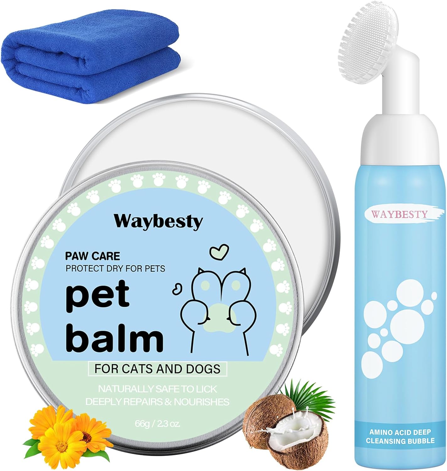 Lick-Safe Dog Paw & Nose Balm with Coconut Oil | 2.3oz Natural Wax, 1 Pcs Dog Paw Cleaner & Towel | Natural Moisturizer for Dry, Cracked Pads & Snout | Winter Snow, Road Salt & Hot Pavement Protector
