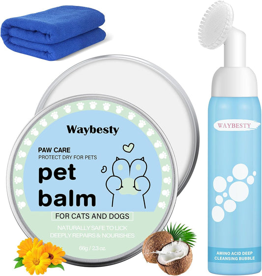 Lick-Safe Dog Paw & Nose Balm with Coconut Oil | 2.3oz Natural Wax, 1 Pcs Dog Paw Cleaner & Towel | Natural Moisturizer for Dry, Cracked Pads & Snout | Winter Snow, Road Salt & Hot Pavement Protector