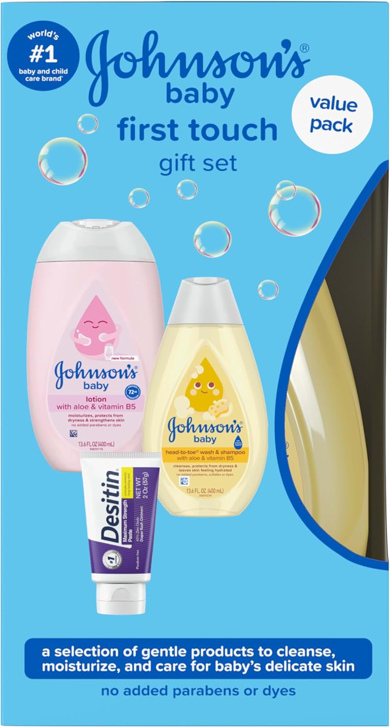 Johnson's First Touch Baby Essentials Gift Set with Body Wash & Shampoo, Body Lotion, & Zinc Oxide Diaper Rash Cream for Baby's Delicate Skin, Hypoallergenic, No Parabens or Dyes, 3 Items