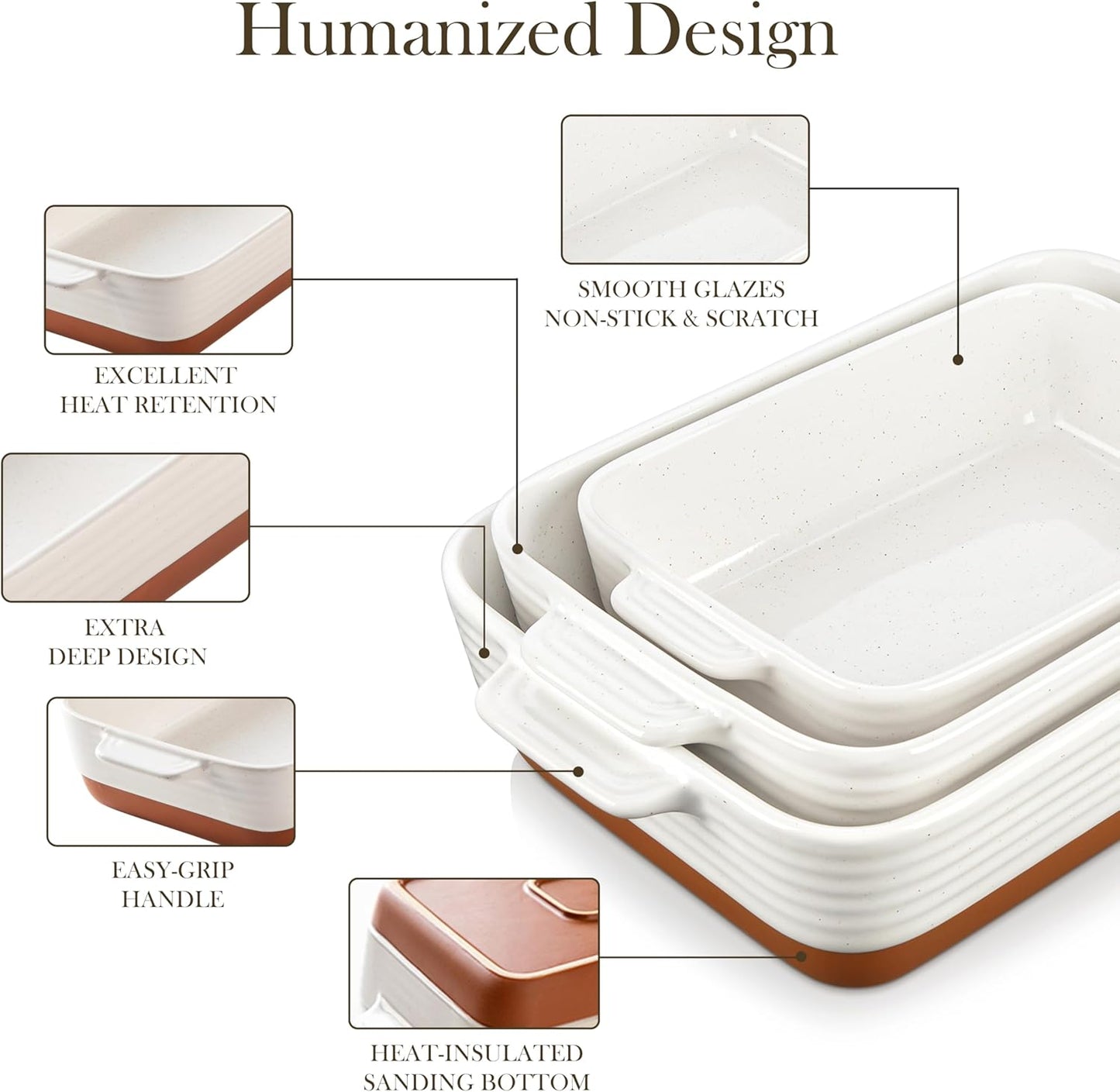 MALACASA Casserole Dishes for Oven, Ceramic Baking Dishes Set of 3, Baking Pan Casserole Dish Set, Rectangular Lasagna Pan Deep with Handles for Baking, Khaki White (14.5''/13''/10.5''), Series TARA