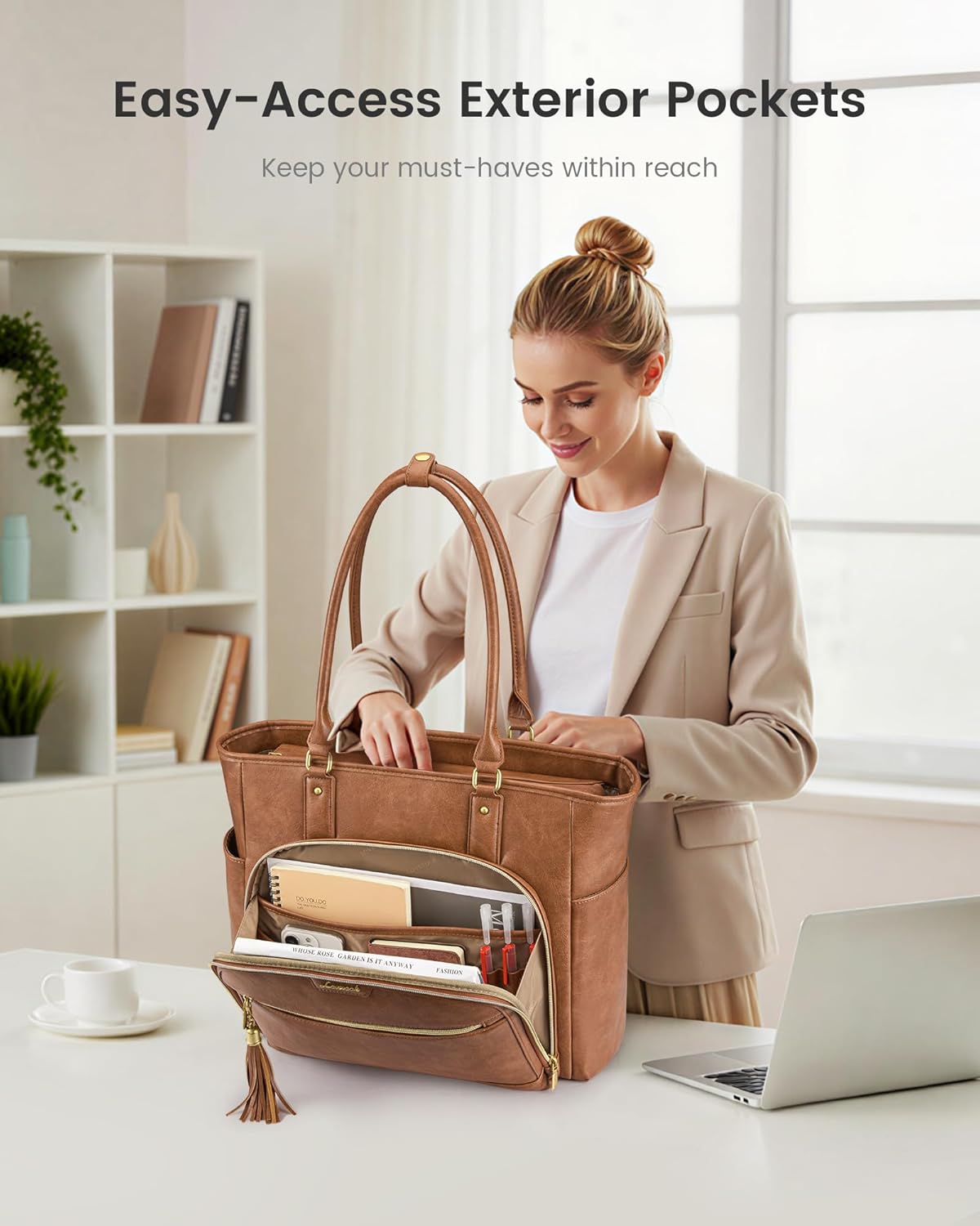 LOVEVOOK Laptop Tote Bag for Women Work, Vintage Leather Teacher Nurse Bag with Large Cup Holder, Bible Handbag Purse GIfs, Waterproof Professional Computer Briefcase for Business Office, 17 Inch