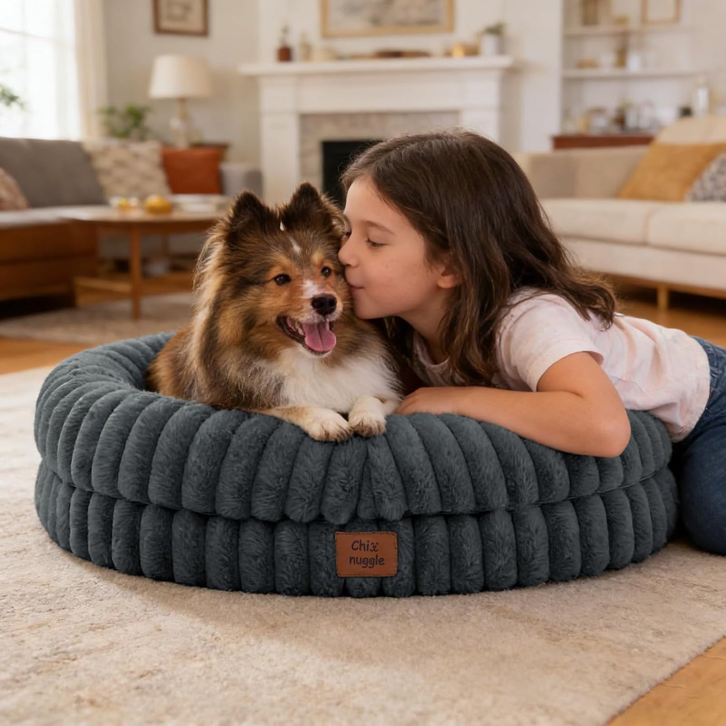Dog Bed Medium Sized Dog - Luxury Striped Faux Fur Waterproof Pet Couch with Removable Washable Cover, Orthopedic Pet Bed with Bolster Sides for Sleeping, Dark Grey