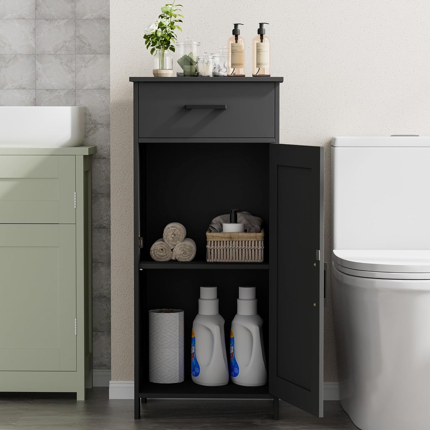 Homhedy 35.4" H Bathroom Cabinet with Drawer, Bathroom Organizers and Storage, Adjustable Shelves, Floor Cabinet for Living Room, Entryway, Kitchen, Black, (15.7" W)