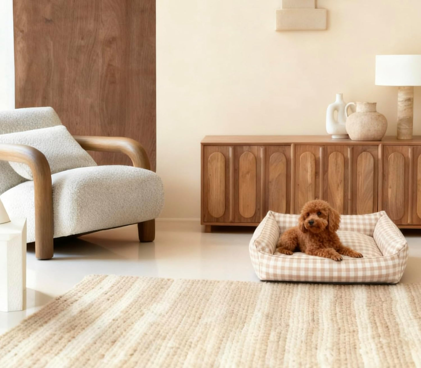 Cute Gingham Dog Bed for Small Dogs with Removable Cover All-Season Washable Plaid Dog Lounger for Pups (Beige Bed, X-Large)