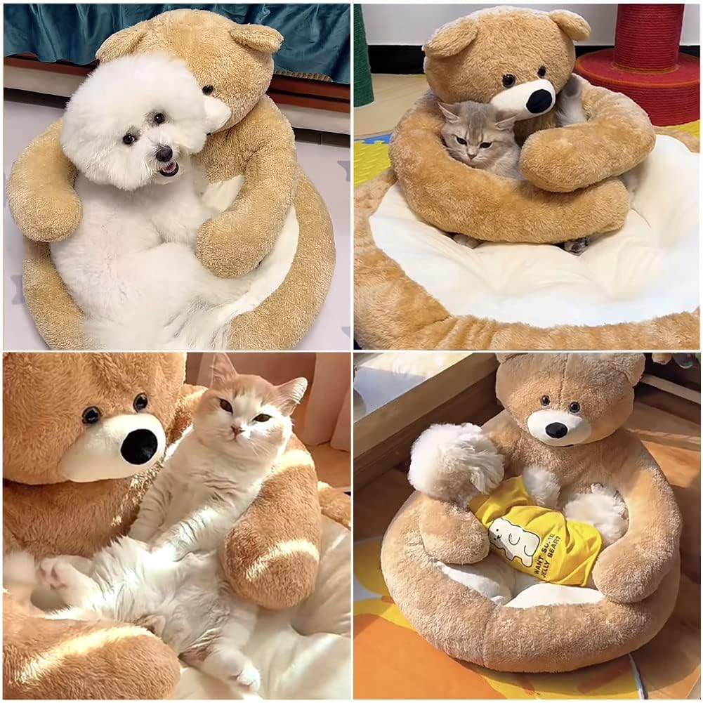 Cute Bear Hug Design 개 고양이 침대 플러시 반려동물 침대 커들러, 따뜻하고 부드러우며 차분한 강아지 침대, 탈착식 세탁 가능한 커버 미끄럼 방지 바닥 (지름 76.2cm(30인치), 카키)