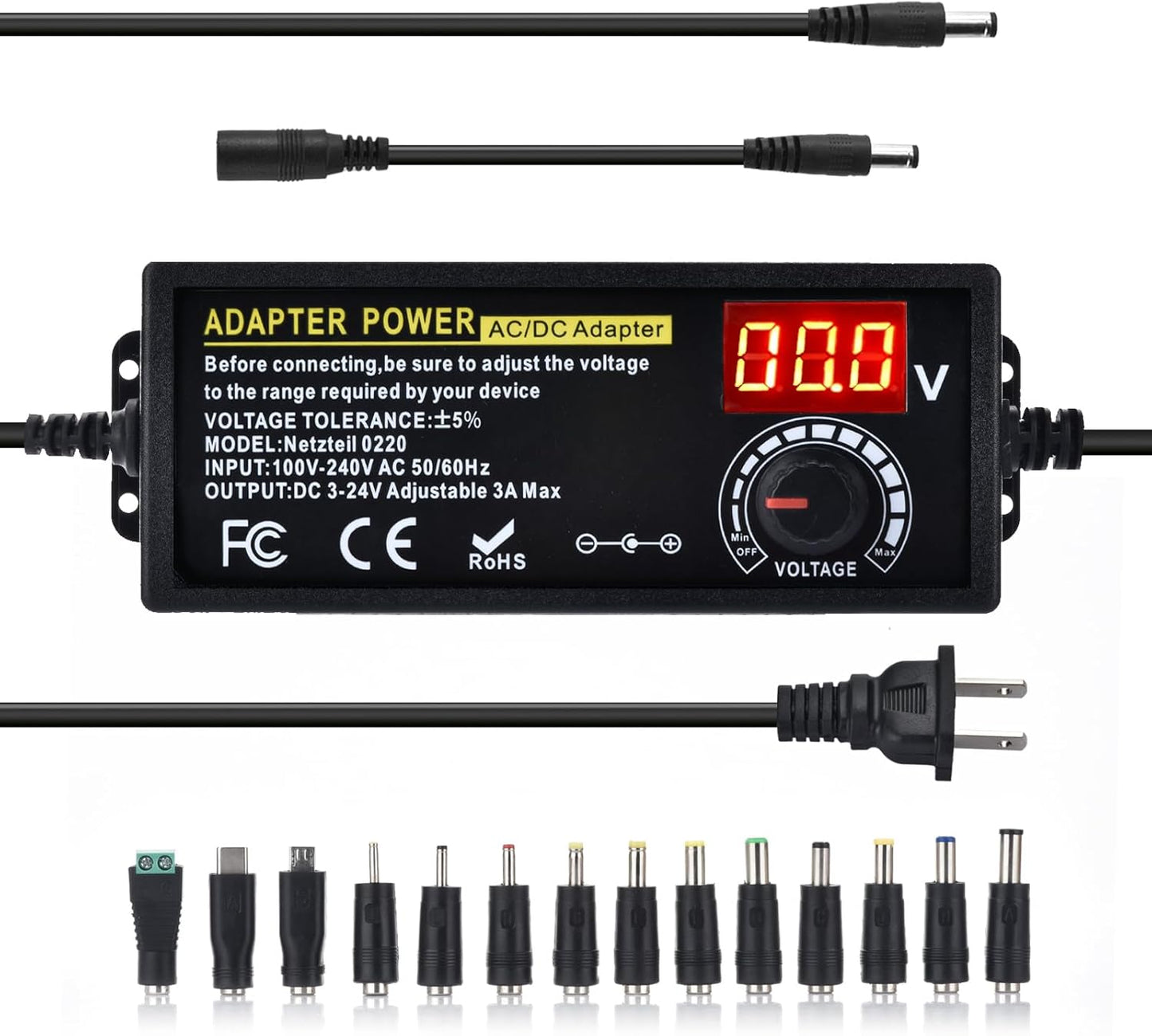 Universal Power Supply Adjustable 3A 72W DC 3V ~ 24V Variable Universal Switching 100V-240V AC/DC Adapter with Volt Display & Adjustable Voltage & 14pcs Tips & A Reverse Polarity Converter