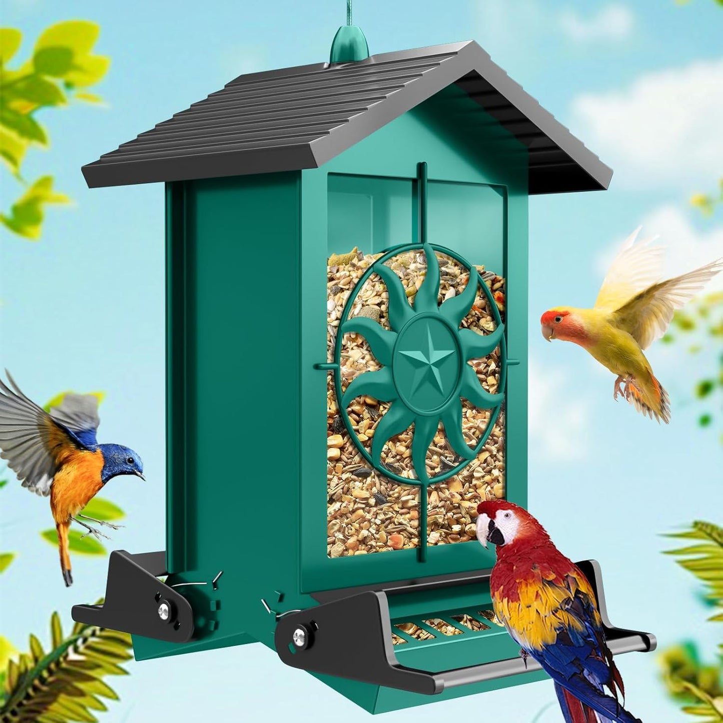 Metal Squirrel Proof Bird Feeders for Outdoors With Weight-Activated, 5LB Large Wild Bird Feeders for Cardinals,Blue jay,Finch, Weatherproof Durable Hanging Bird Feeder for Backyard,Garden,Patio-Green