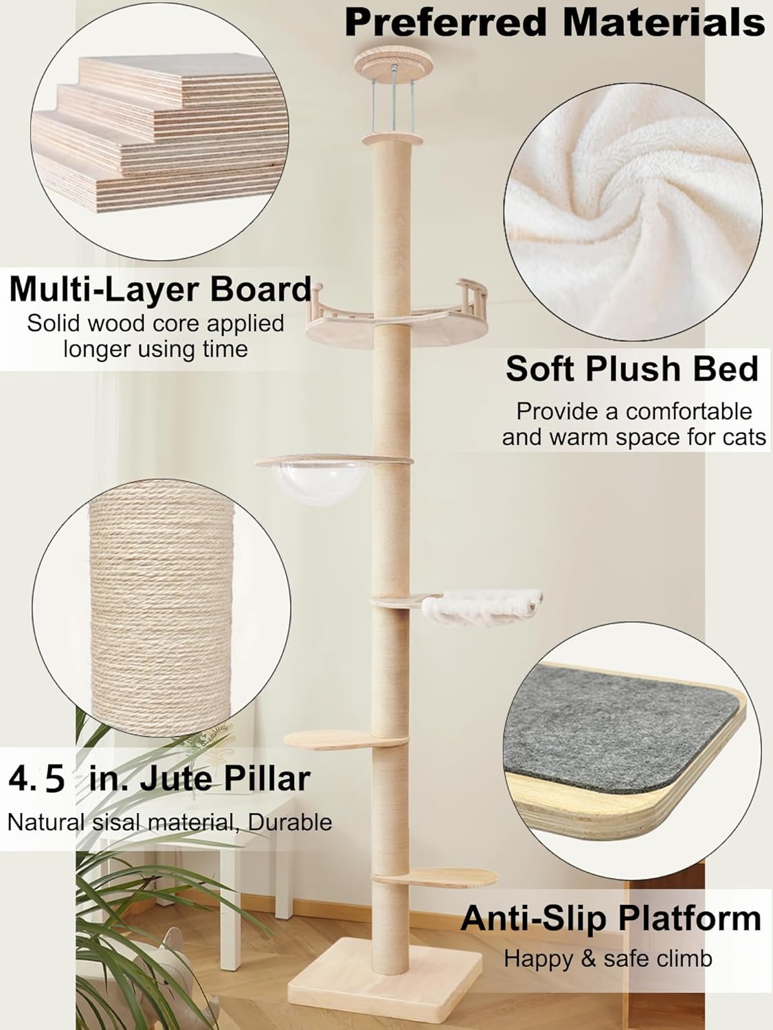 Floor to Ceiling Cat Trees Tower with Sisal Rope Scratching Post, Adjustable Height 82-117 inch, 5 Tier Cat Climbing Tree for Indoor Cats Large Adult, Modern Tall Cat Activity Tree(Deluxe Style 3)