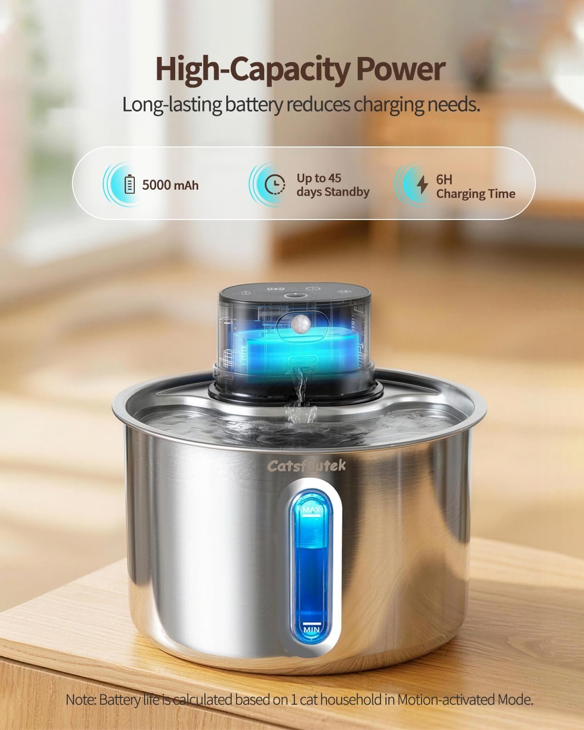 Wireless Cat Water Fountain Cordless Stainless Steel Cat Fountain Battery Operated 74oz/2.2L Rechargeable Automatic Pet Water Fountain for Cats Indoor