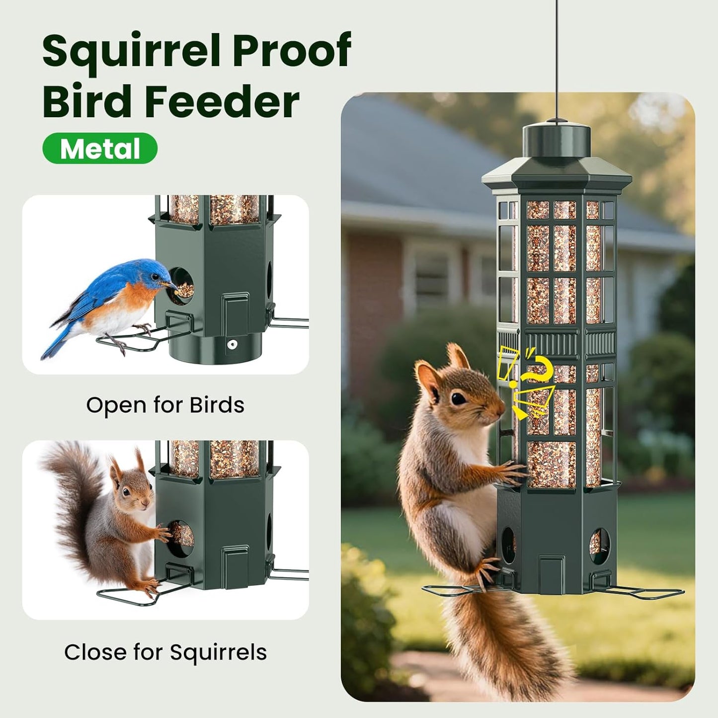 Squirrel Proof Bird Feeder for Outdoors, Gravity Spring Hanging Metal Bird Feeder, 3 Port, Chew-Proof & Weather Resistant, 3LB Large Capacity, Attract Wild Birds, Green