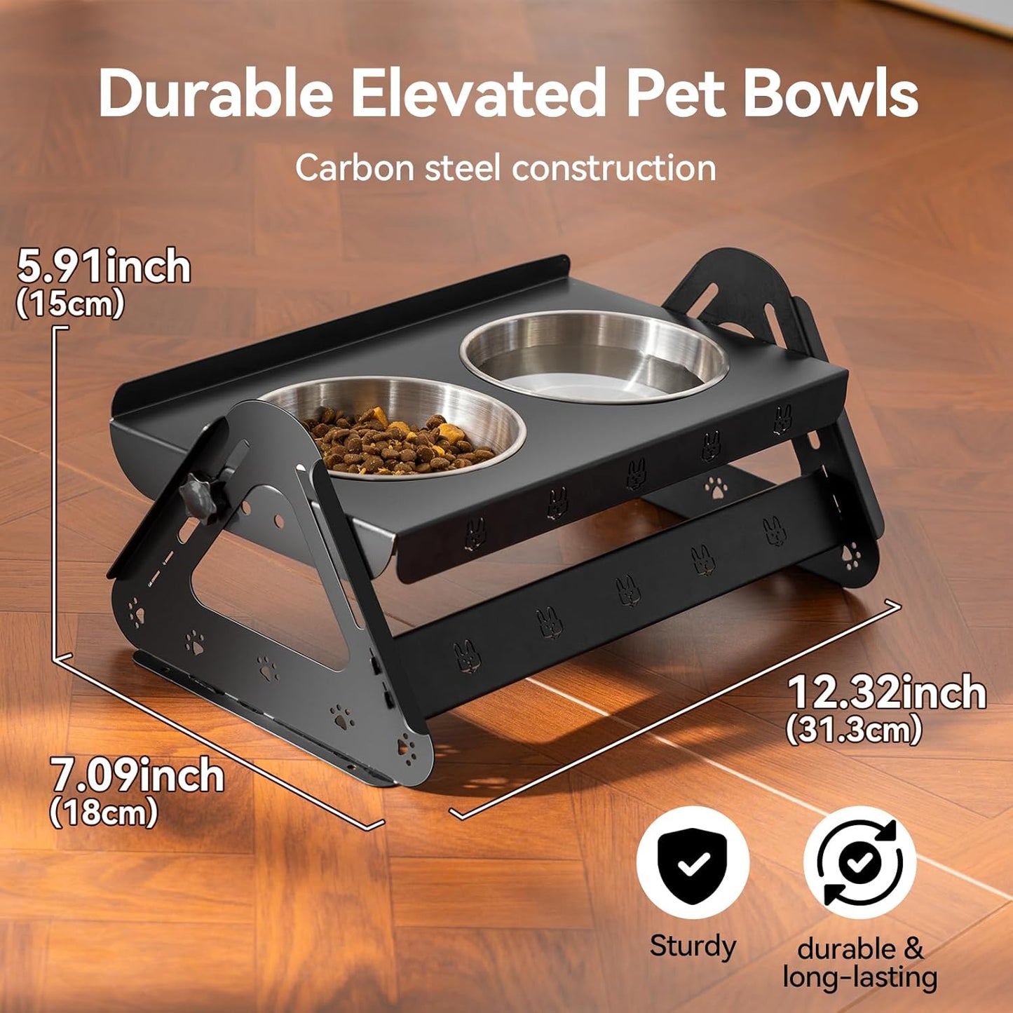 Elevated Dog Bowls with 2 400ml Stainless Steel Bowls for Small Medium Dogs Cats, 3.35''-6.3'' Height Adjustable and 15° Tilted Adjustment Raised Stand, Lifted Pet Food & Water Feeder