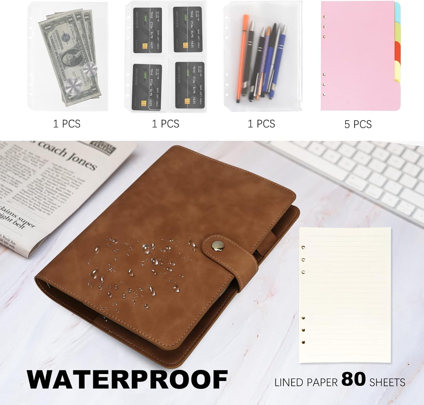 FYY A5 Binder Refillable Planner Notebook 6 Ring PU Leather Binder Journal with Pockets, Dividers, Refill Paper Brown