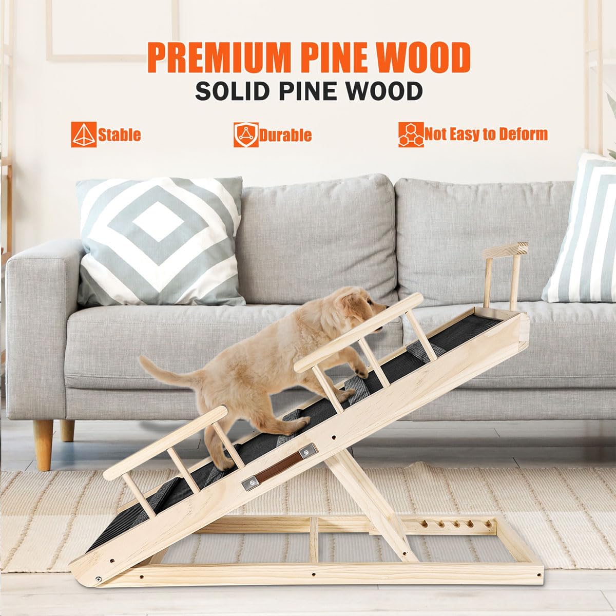 GaliGali Dog Ramp, Adjustable Portable Folding Pet Ramp, Grey 43.3" Long Wooden with Non-Slip Traction Pad for Small Old Dogs and Cats, Applies to Sofa, Couch, Car NO.GGPTZHI-110