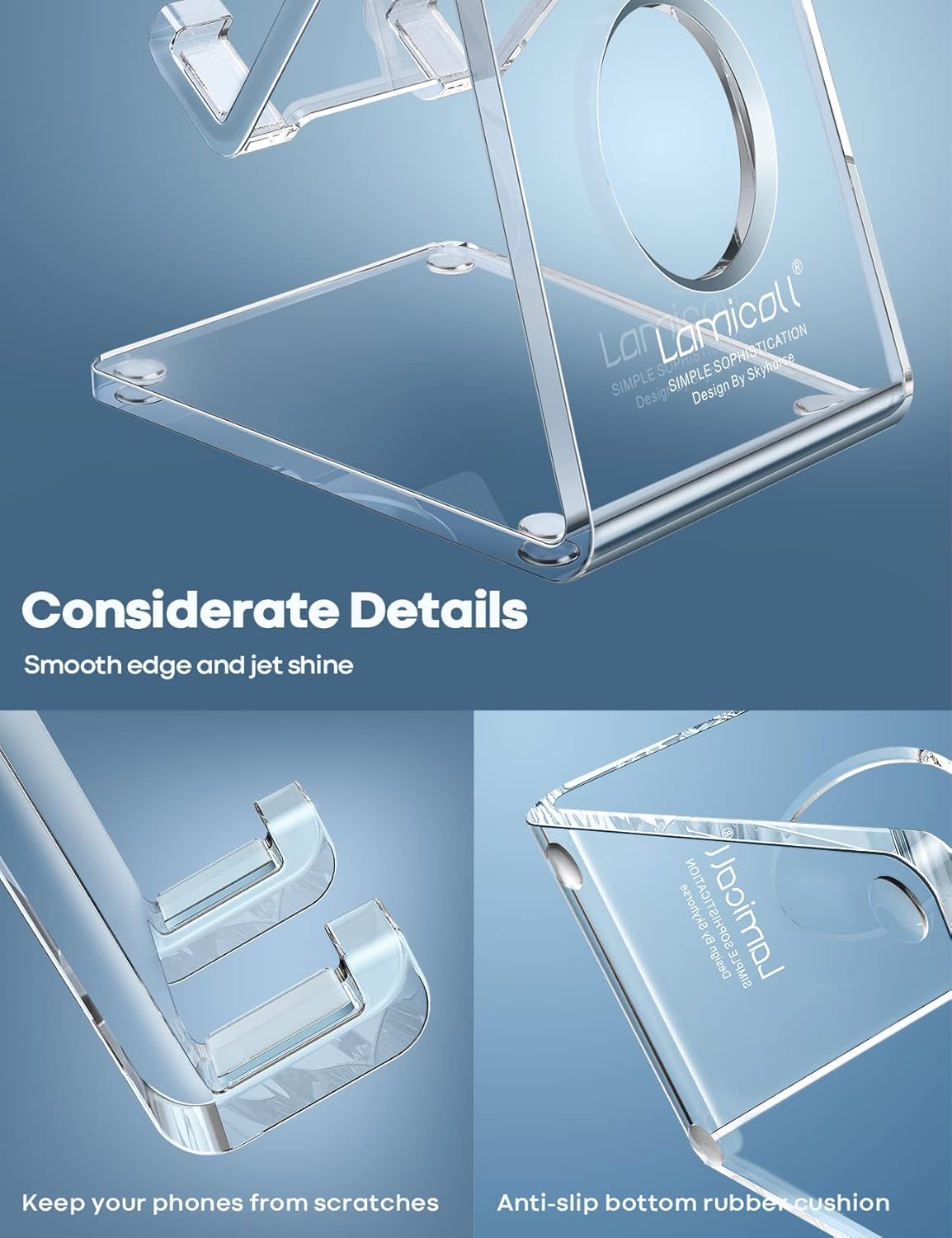 Lamicall Cell Phone Stand, Desk Accessories - Clear Office Cell Phone Holder, Acrylic Phone Stand, Desktop, Acrylic Office Desk Decor Accessories, Suitable for iPhone, 4-8'' Phone, Gifts