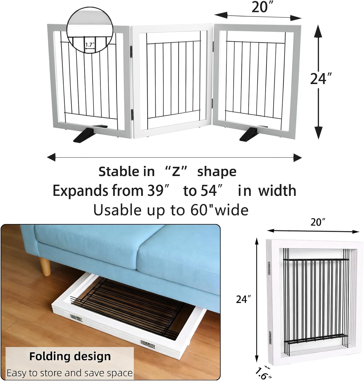 ZJSF Freestanding Dog Gate Indoor, Foldable Dog Fence for Doorways,Hallways or Stairs, Sturdy Wood Extra Wide Pet Gate with Support Feet,White,24 "Height-3 Panels