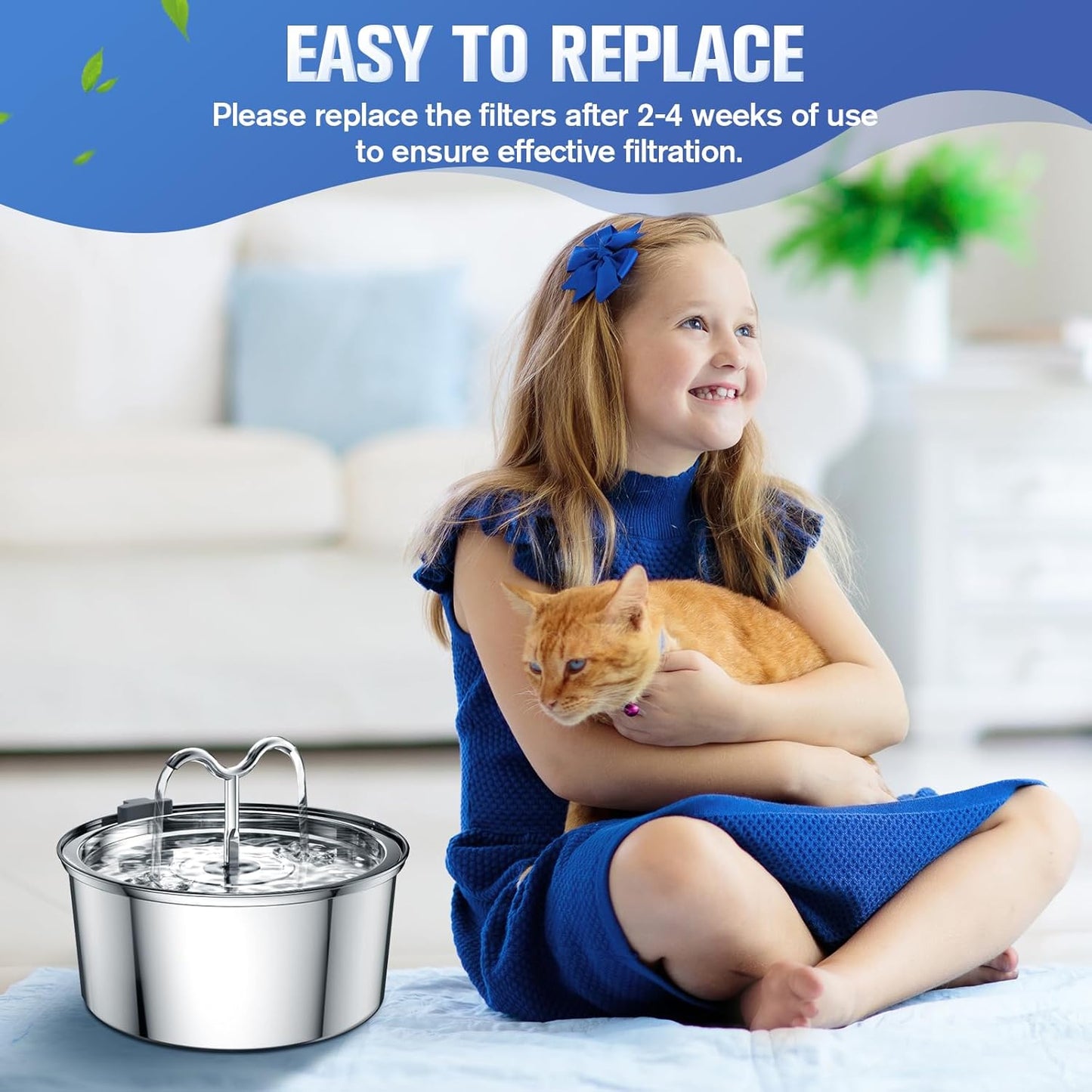 Yizhet 48 Pack Cat Water Fountain Filters, Replacements for 12-24 Months, with 67oz/2L & 108oz/3.2L & 135oz/4.0L Stainless Steel Pet Fountains (24 Filter& 24 Sponges)