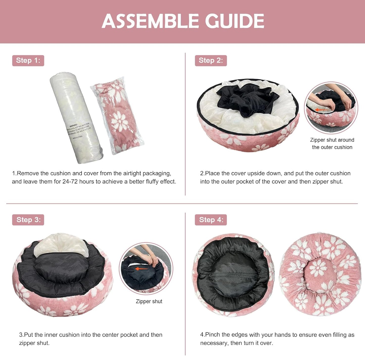 Donut Dog Beds for Small Dogs, Calming Round Cat Beds for Indoor Cats, Cute 3D Textured Flower Pet Bed with Removable Washable Cover and Anti-Slip Bottom（Pink，20"）