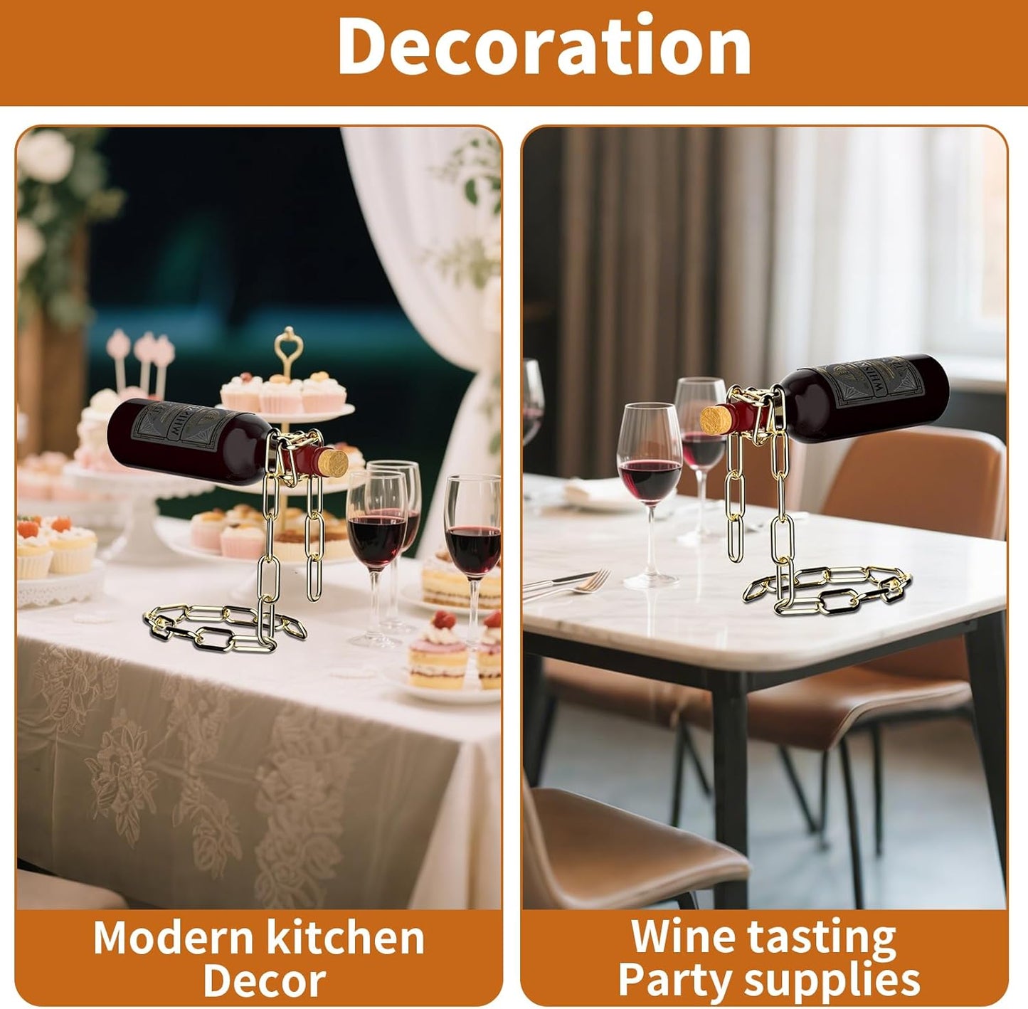 TBWHL Novelty Magic Wine Bottle Holder Floating Steel Link Chain Wine Bottle Rack/Holder - Holds Bottles in The Air, Unique Levitating Wine Bottle Stand for Home Bar, Kitchen, or Party Deco（Gold）