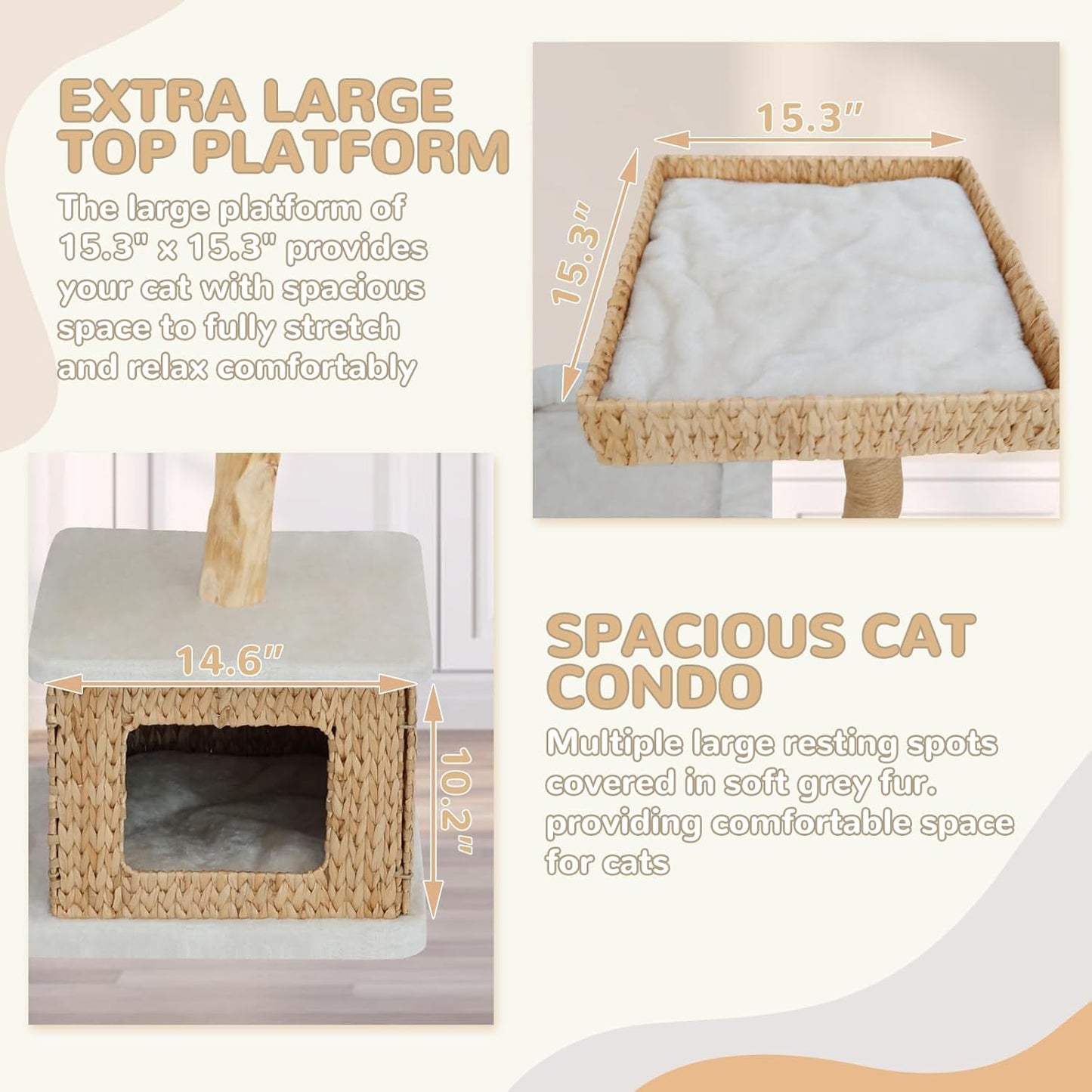 Modern Cat Tree Tower for Indoor Cats - Multi-Level Solid Wood Cat Condo w/Caves, 2 Large Perches, Scratching Posts, Hanging Toy for Large Cats Adult - Luxury Boho Pet Furniture