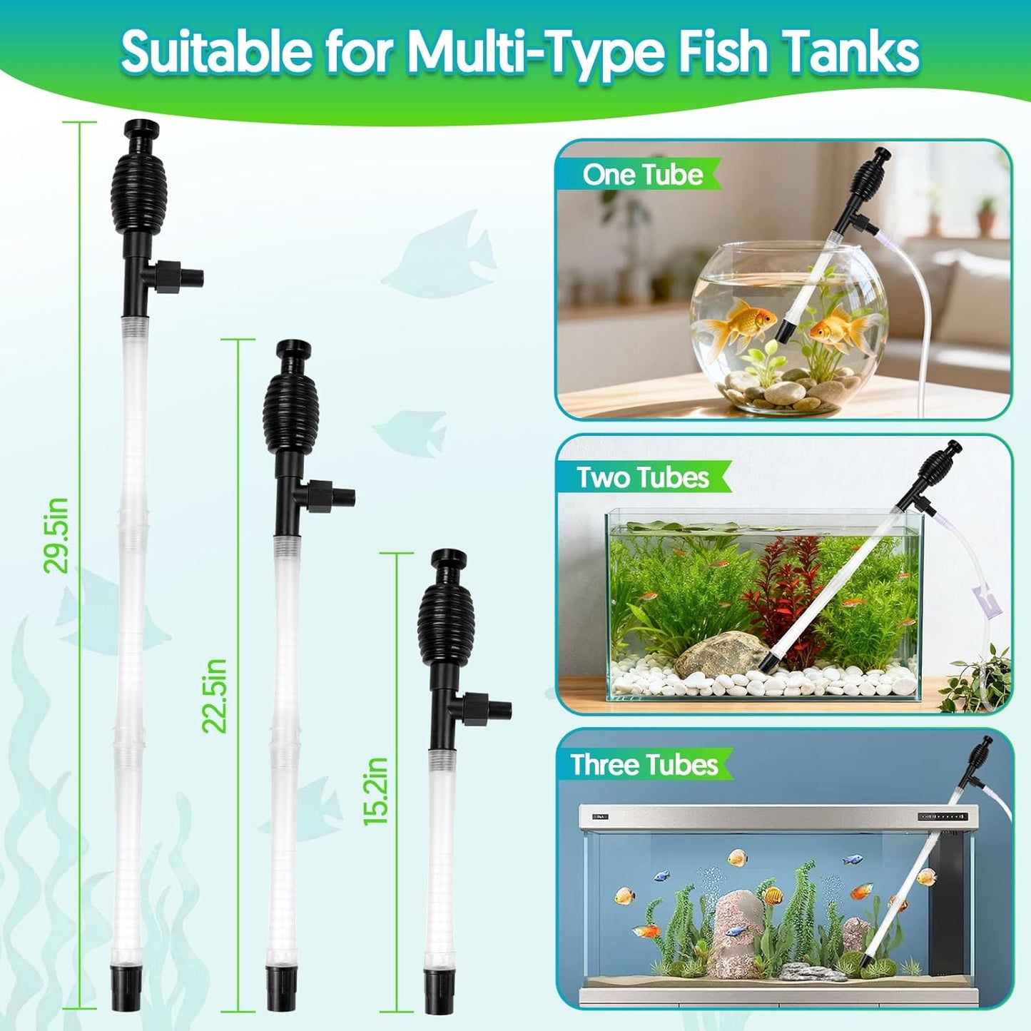 Fish Tank Cleaner Gravel Vacuum for Aquarium Water Changer Aquarium Siphon with Double Sided Sponge Brush Algae Scraper Fish Tank Cleaning Kit for Cleaning Gravel & Sand (Black)