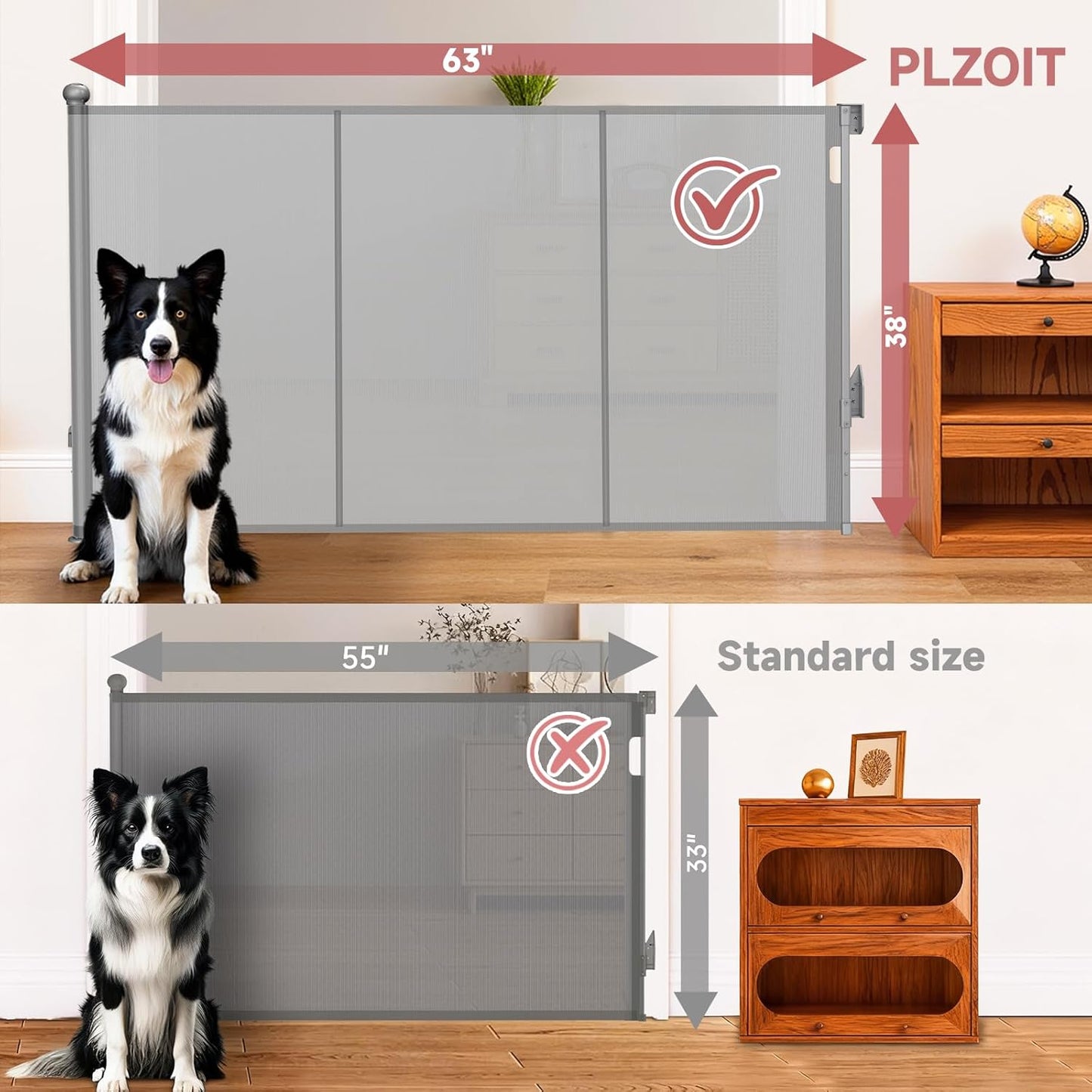 Reinforced Retractable Baby Gate, Extra 38" Tall, Extends up to 63" Wide, Hardwared Installation Mesh Gate for Stairs, Dog Gate, Child Pet Gate for Stairs, Doorways, Hallways, Indoo (Gray)