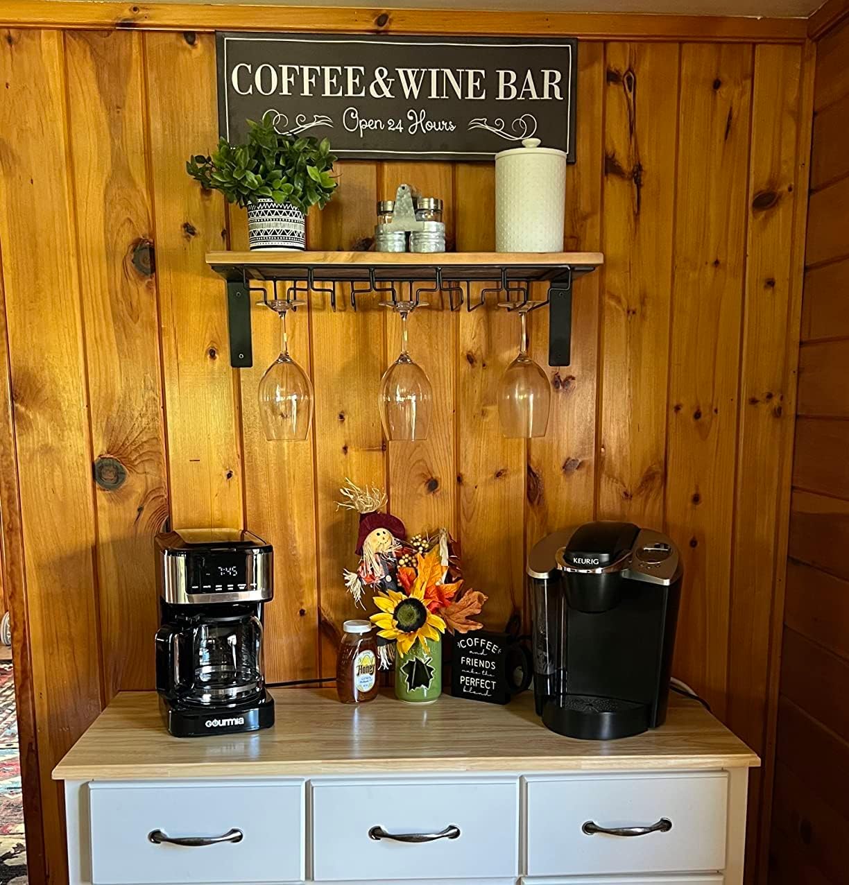 WOWGOOMO Coffee and Wine Bar Signs Decor, Classic Kitchen Wine Cabinet Decorative Signs & Plaques, Black Bar Accessories, 6x17 Inches