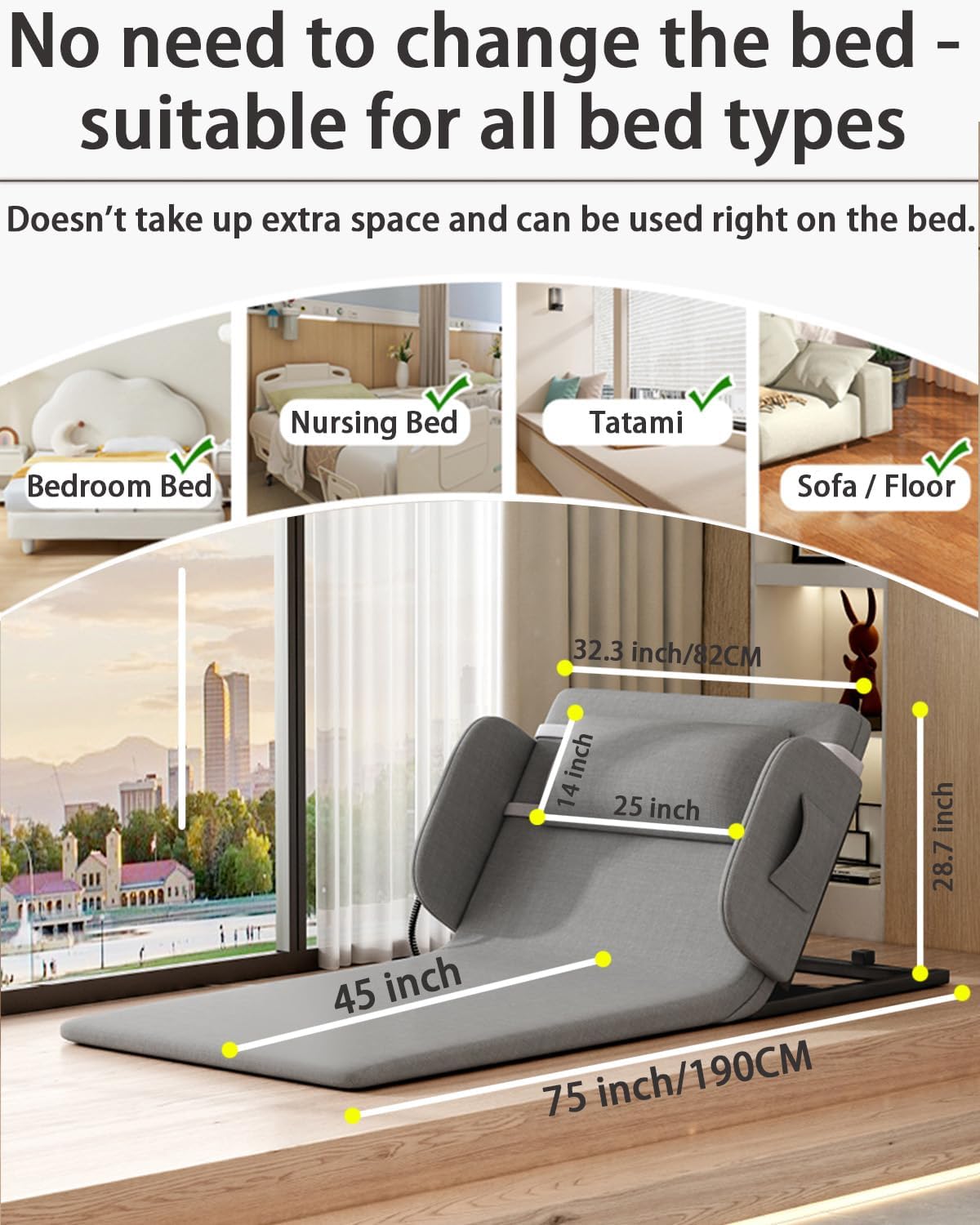 Electric Bed Lifting to Get Up - Bed Assistant to Get Out of Beds, Adjustable Beds Rest Help The Elderly Patients Gets Up Easily, Load Max 330 lbs, Silent Lift 2° - 80°, with Guardrails,75 X 32 inch