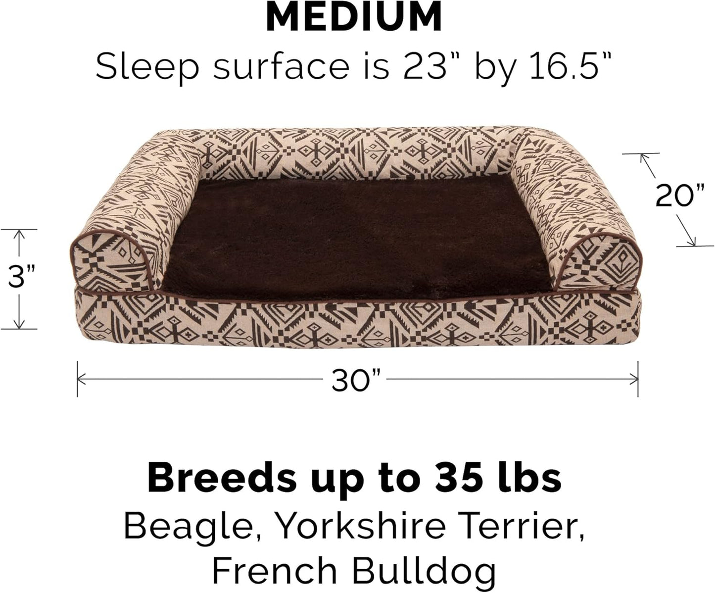 FurHaven Soft, Orthopedic Foam Sofa Dog Bed with Washable & Removable Cover - Plush/Woven - Desert Brown, Dogs Up to 35 lbs - Medium
