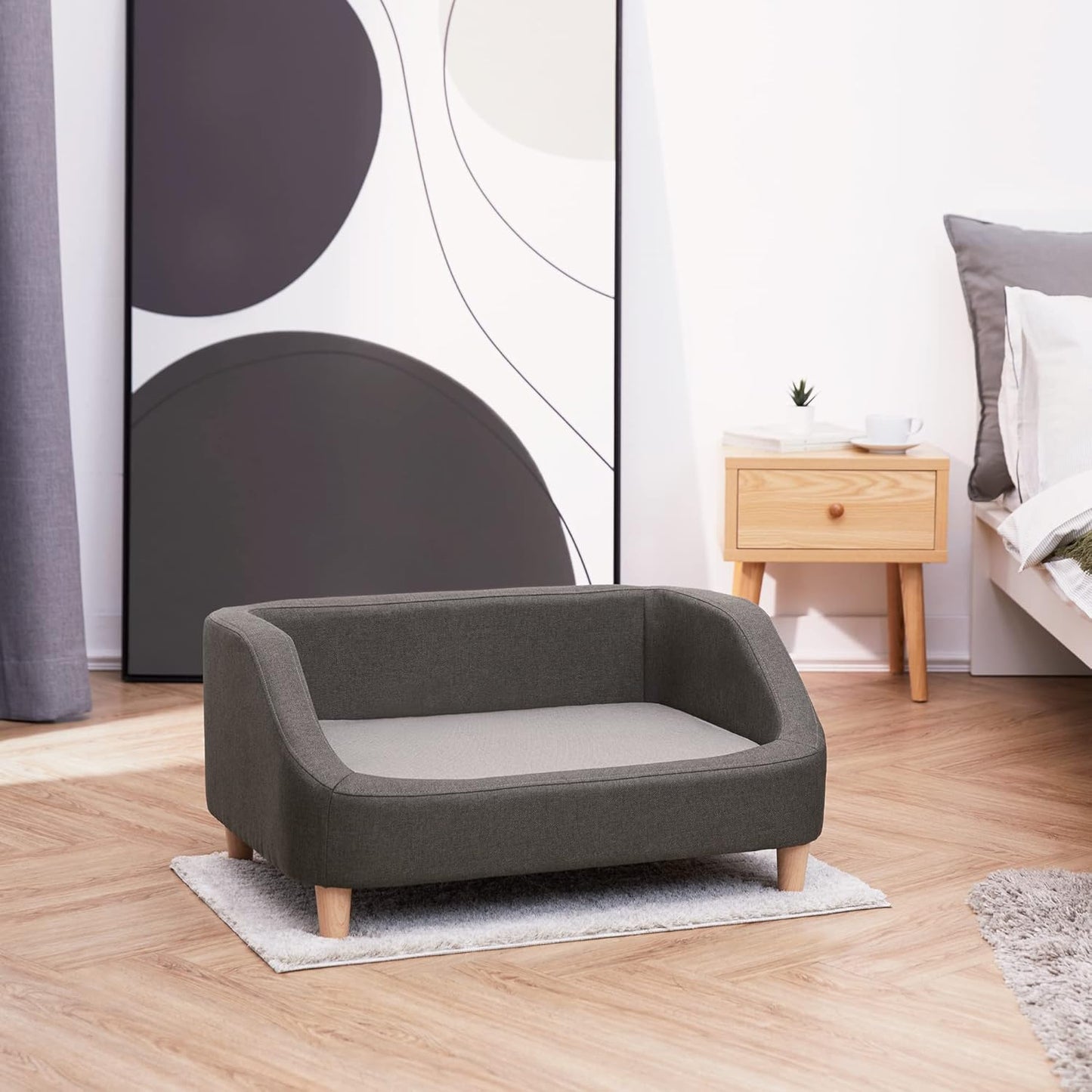 Teamson Pets Bennett 32 Inch Raised Heathered Linen Sofa Dog Daybed with Removable Cushion and Washable Cover for Cats & Small or Medium Dogs, Gray
