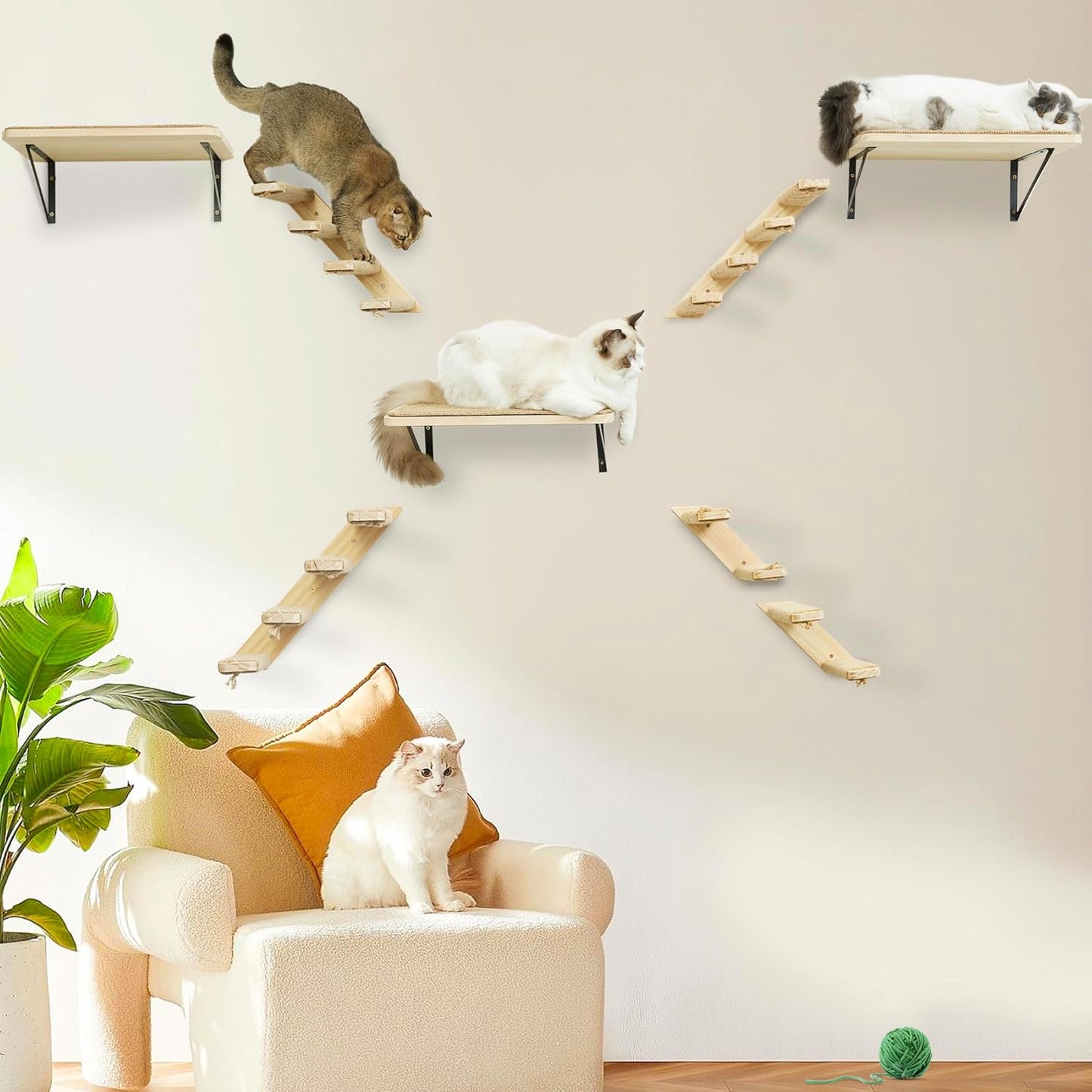Cat Climbing Stair Shelf, Wall Mounted Ladder 2PCS 4 Steps Reversible Left & Right Direction, for Cats up to 15 Pounds, Cat Stairway with Jute Scratching Ladder Shelves for Kitten Perch Sleeping