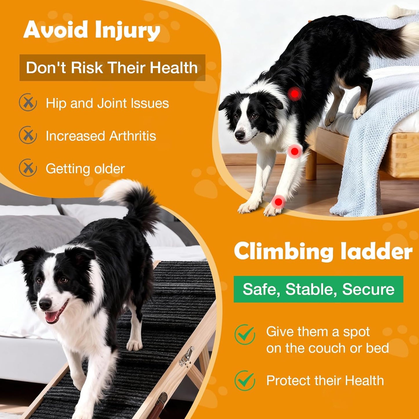 39" Long Dog Ramp for Bed, Couch & Car - 5 Level Adjustable Height (10.4" to 24.4"), Foldable Portable Wooden Pet Ramp with Non-Slip Surface, for Small & Old Dogs Up to 70 LBS