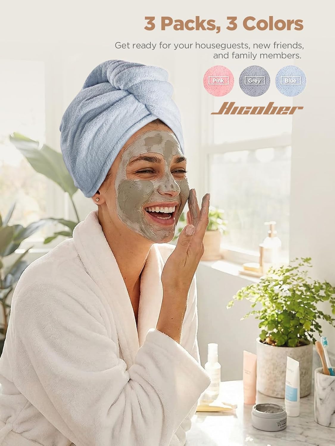 Hicober Microfiber Hair Towel Wrap, Fast Drying Hair Towels for Women, Soft Lightweight Quick Dry Turban for Curly & Long Hair–3 Pack(Blue/Grey/Pink)