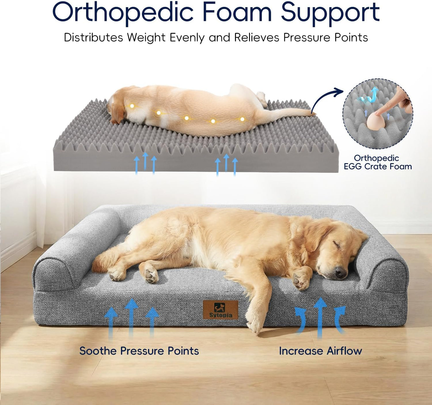 Sytopia 42 Inch Indestructible Dog Beds for Large Dogs, Big Chew Proof Orthopedic Egg Crate Foam Pet Bed with Washable Removable Cover and Anti-Slip Bottom, Grey