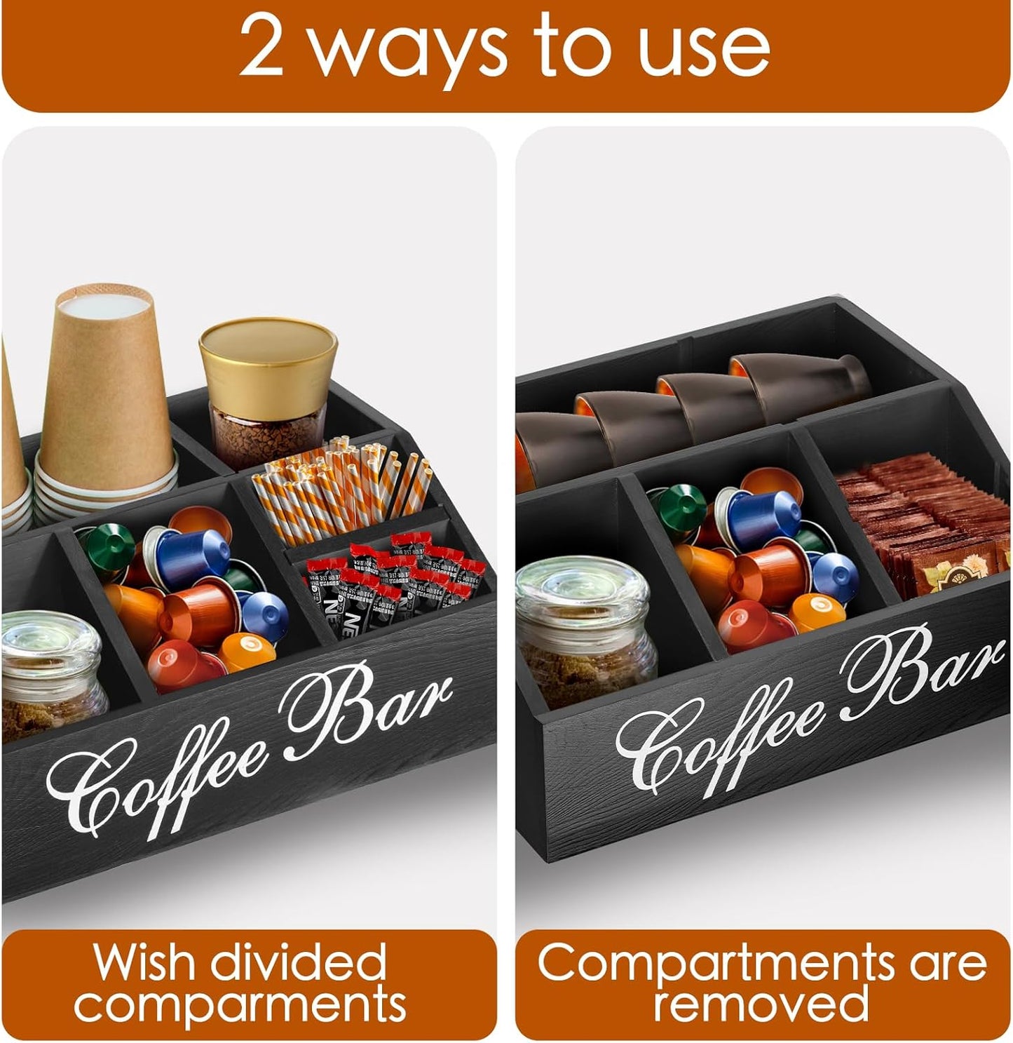 Coffee Station Organizer Pods Holder for Counter, Farmhouse Wood Coffee Bar Accessories and Tea Condiment Basket Storage Organizer Decor