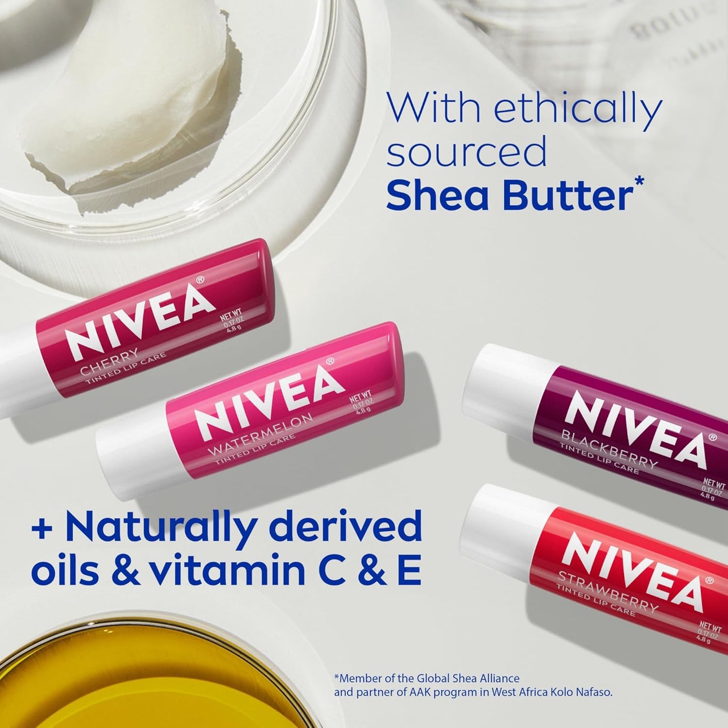 NIVEA Lip Care, Fruity Tinted Lip Balm Variety Pack, Cherry, Strawberry, Blackberry and Watermelon Flavors, 3-in-1 Moisture, Repair and Color, 0.17 Oz Stick, Pack of 4