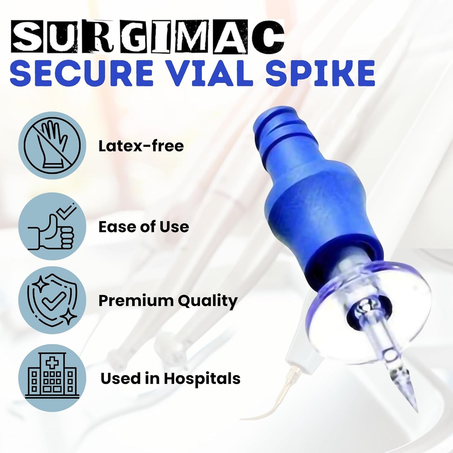 SurgiMac Vial Spike Clave Latex Free Secure Vial Penetration Device Needleless Ergonomic Grip Vial Adapter for Glass Vials Multi Dose Spike for Accessing Glass Vials Medical Supplies – Case of 50