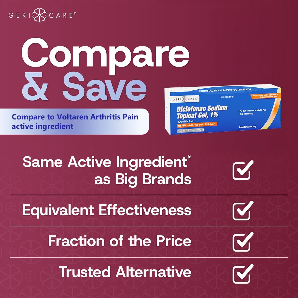 GeriCare Topical Arthritis Pain Relief Gel Diclofenac Sodium 1% (NSAID) Hand Wrist Elbow Foot Ankle Knee Extra-Strength Pain Reliever- Anti-inflammatory Arthritis Pain Treatment, 3.53oz (3 Pack)